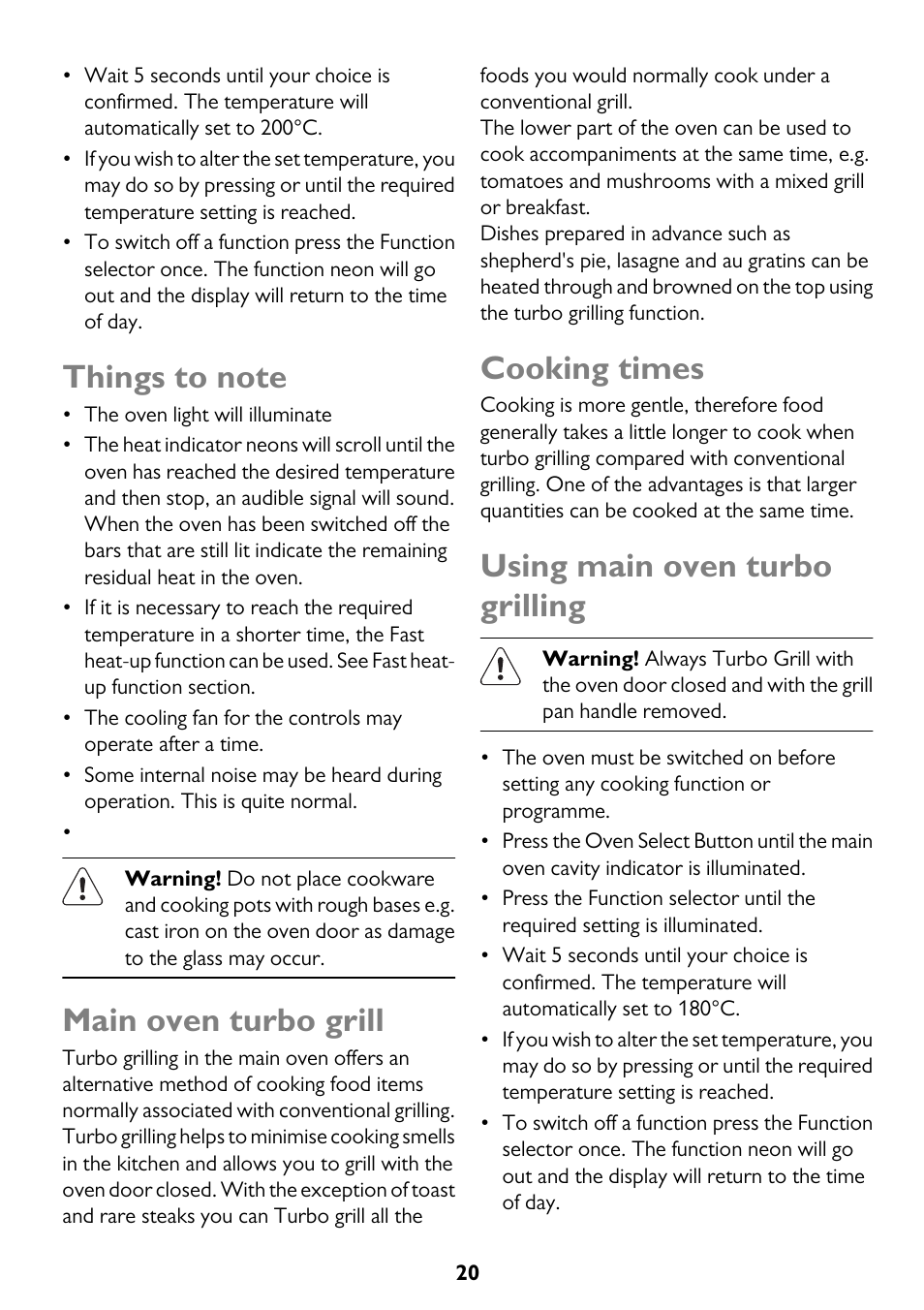 Main oven turbo grill, Cooking times, Using main oven turbo grilling | John Lewis JLBIDO911 User Manual | Page 20 / 48
