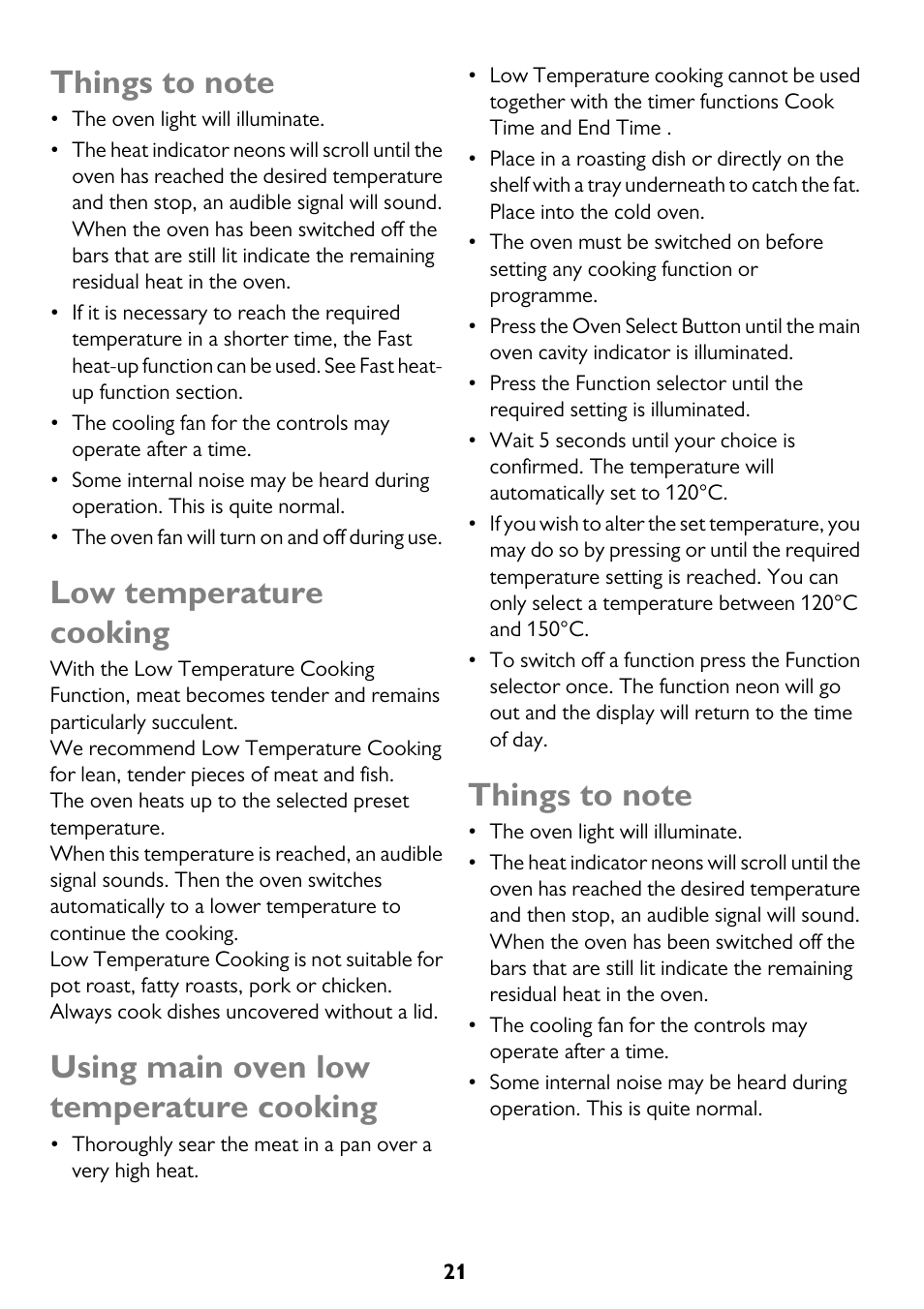 Low temperature cooking, Using main oven low temperature cooking | John Lewis JLBIDO911 User Manual | Page 21 / 48