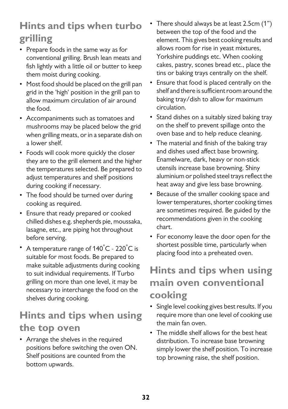 Hints and tips when turbo grilling, Hints and tips when using the top oven | John Lewis JLBIDO911 User Manual | Page 32 / 48