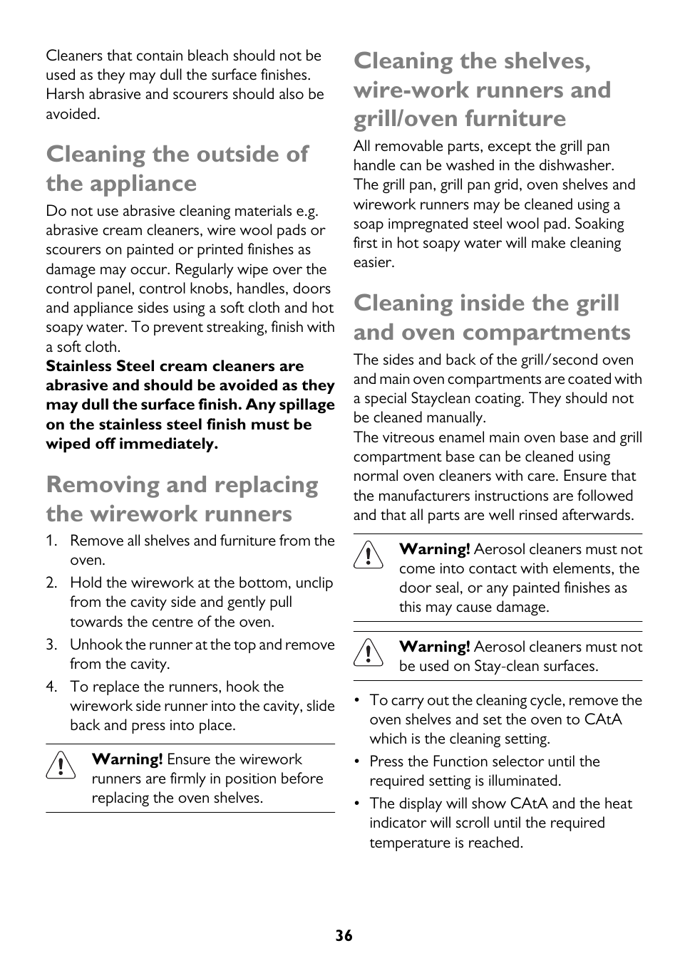 Cleaning the outside of the appliance, Removing and replacing the wirework runners, Cleaning inside the grill and oven compartments | John Lewis JLBIDO911 User Manual | Page 36 / 48