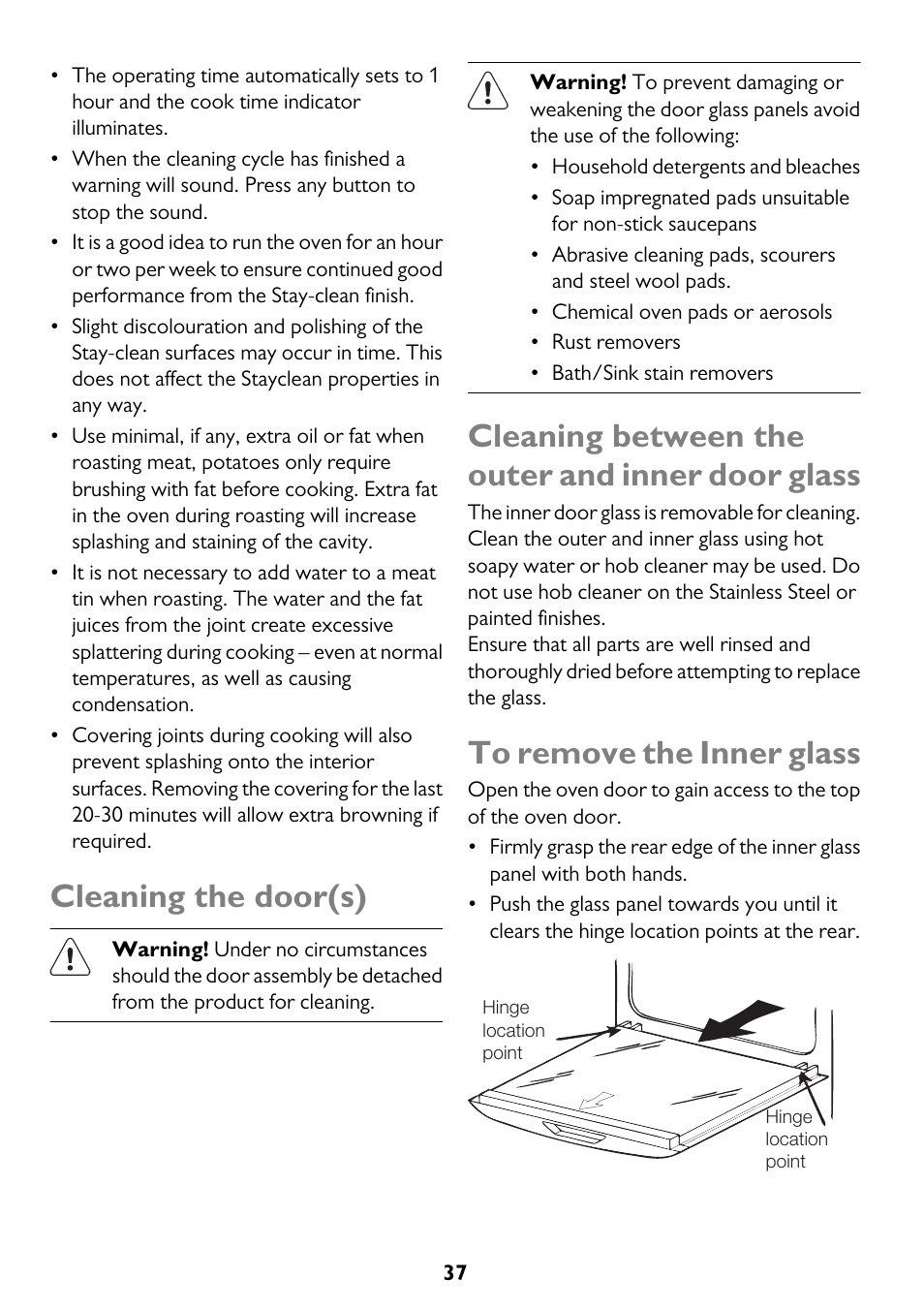 Cleaning the door(s), Cleaning between the outer and inner door glass | John Lewis JLBIDO911 User Manual | Page 37 / 48