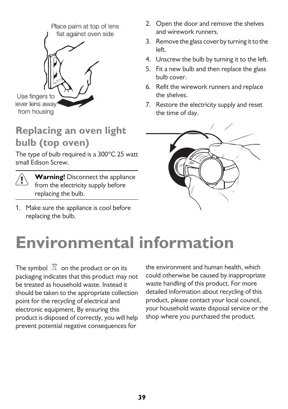 Environmental information, Replacing an oven light bulb (top oven) | John Lewis JLBIDO911 User Manual | Page 39 / 48