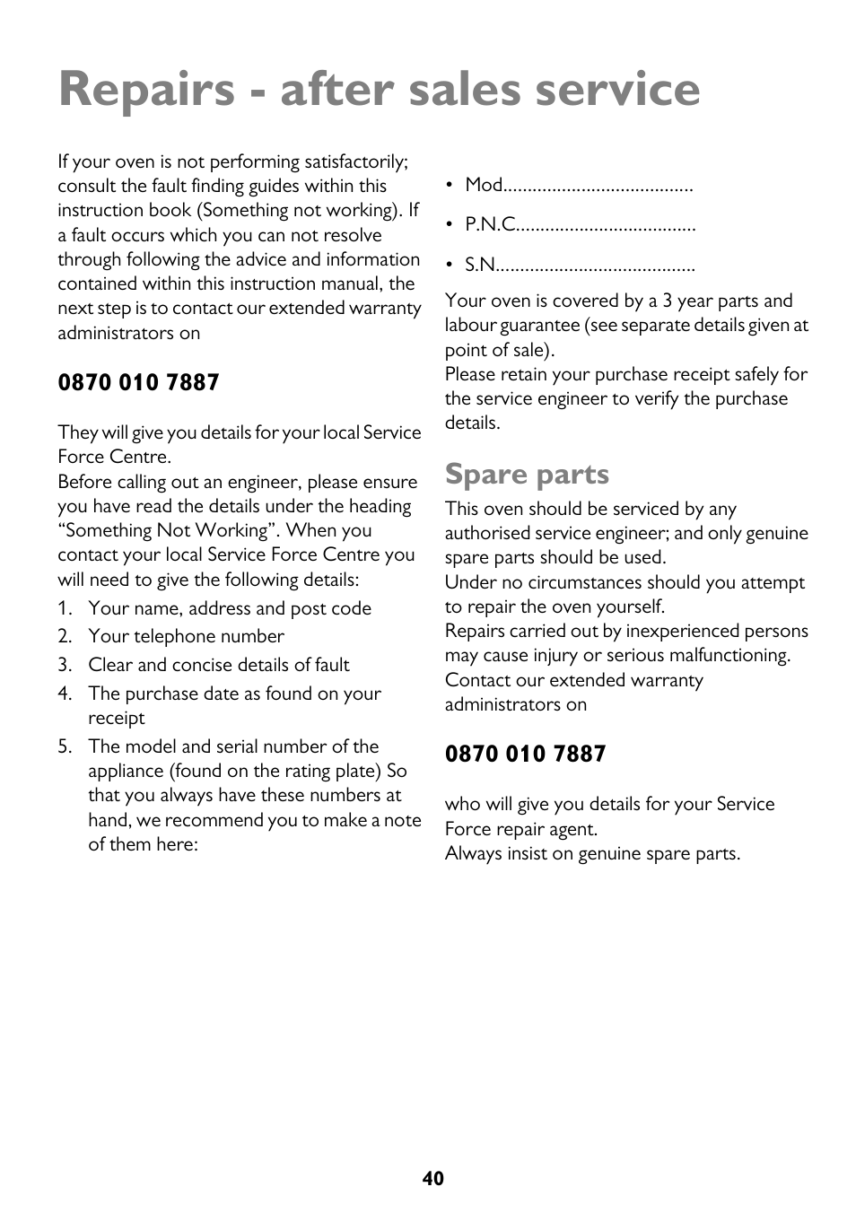 Repairs - after sales service, Spare parts | John Lewis JLBIDO911 User Manual | Page 40 / 48