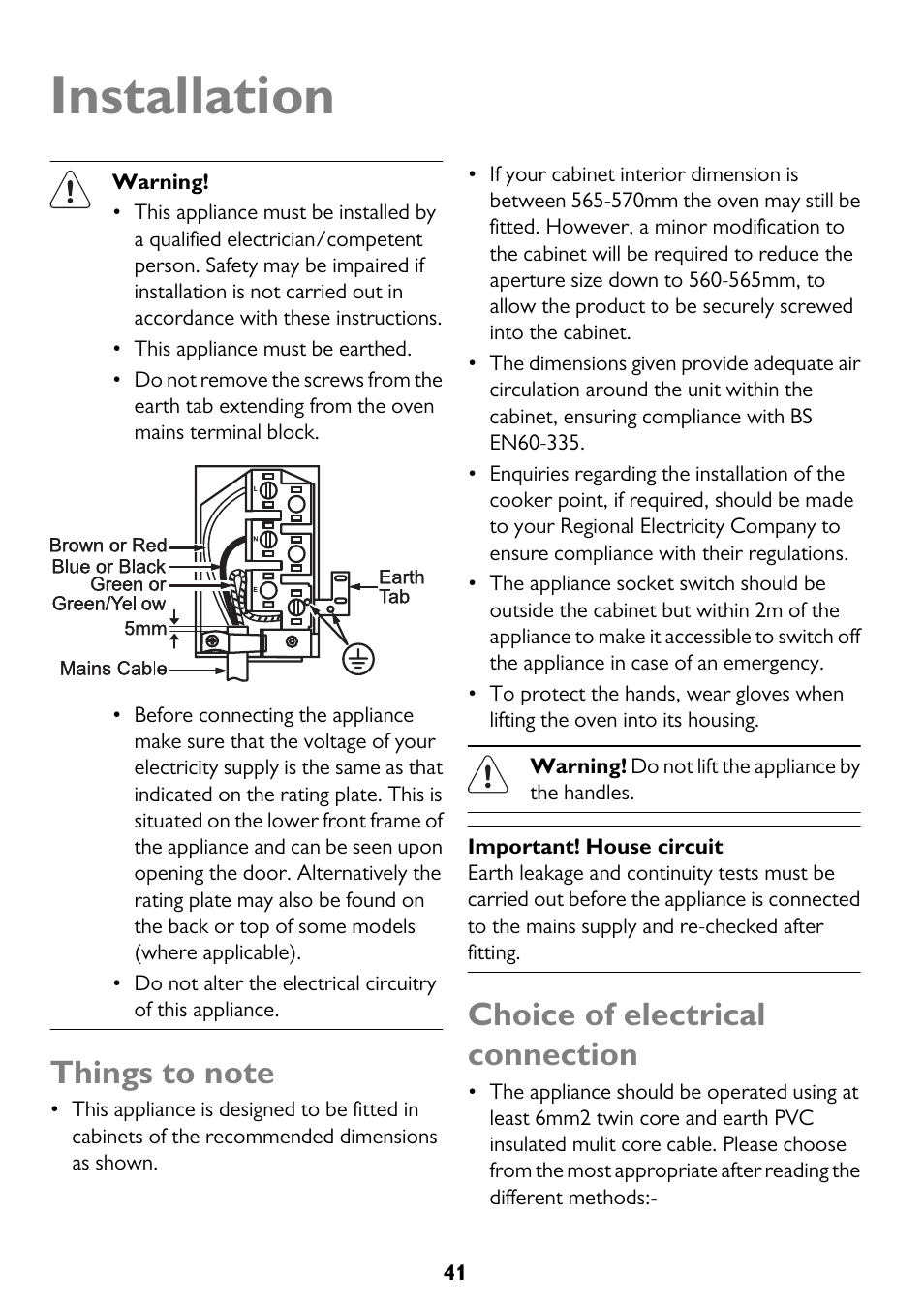 Installation, Choice of electrical connection | John Lewis JLBIDO911 User Manual | Page 41 / 48