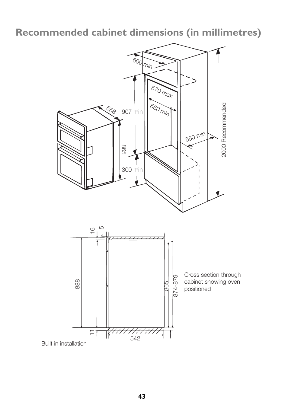 Recommended cabinet dimensions (in millimetres) | John Lewis JLBIDO911 User Manual | Page 43 / 48