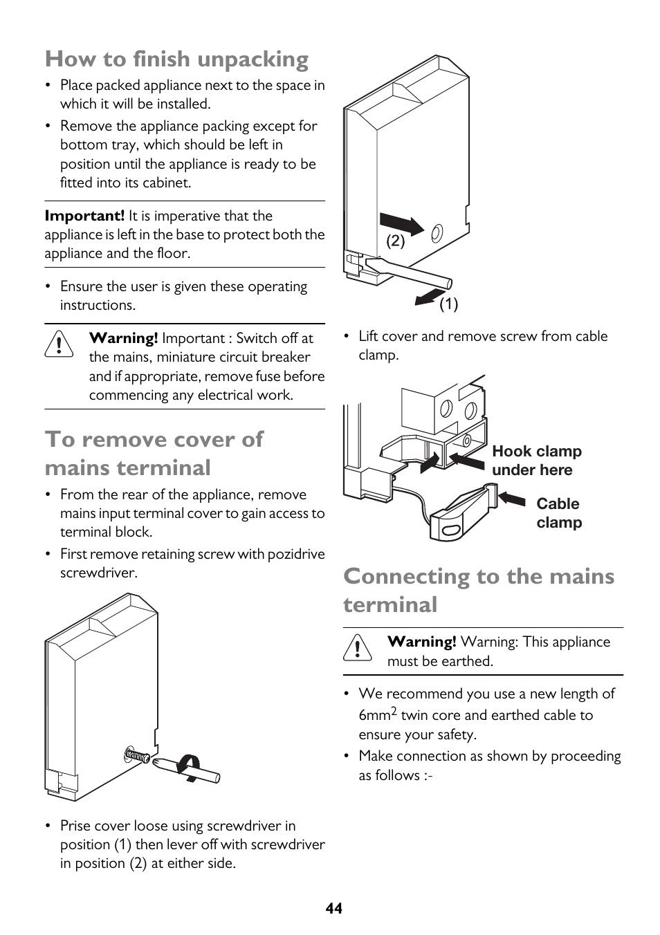 How to finish unpacking, Connecting to the mains terminal | John Lewis JLBIDO911 User Manual | Page 44 / 48
