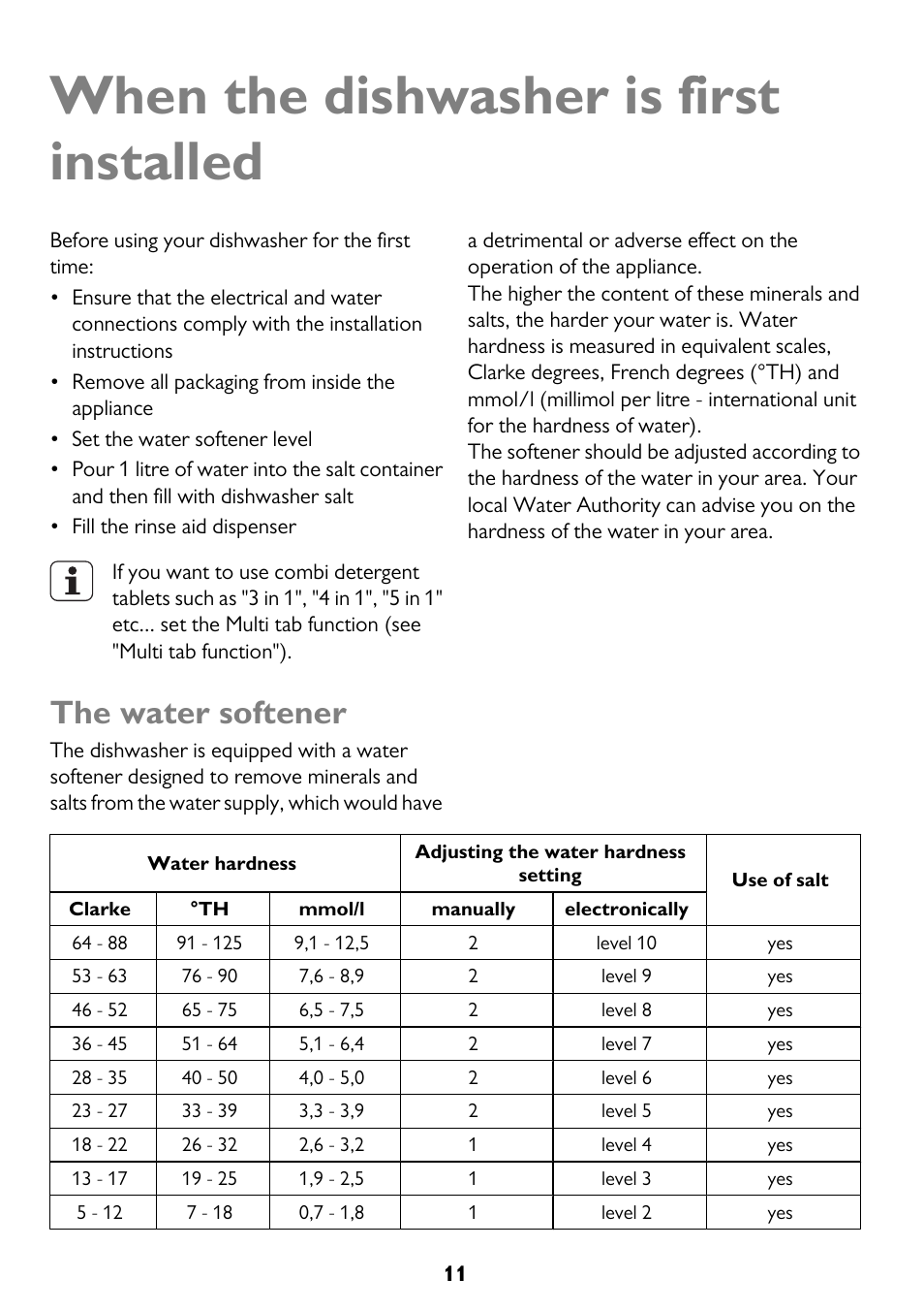 When the dishwasher is first installed, The water softener | John Lewis JLDWW 1205 User Manual | Page 11 / 36