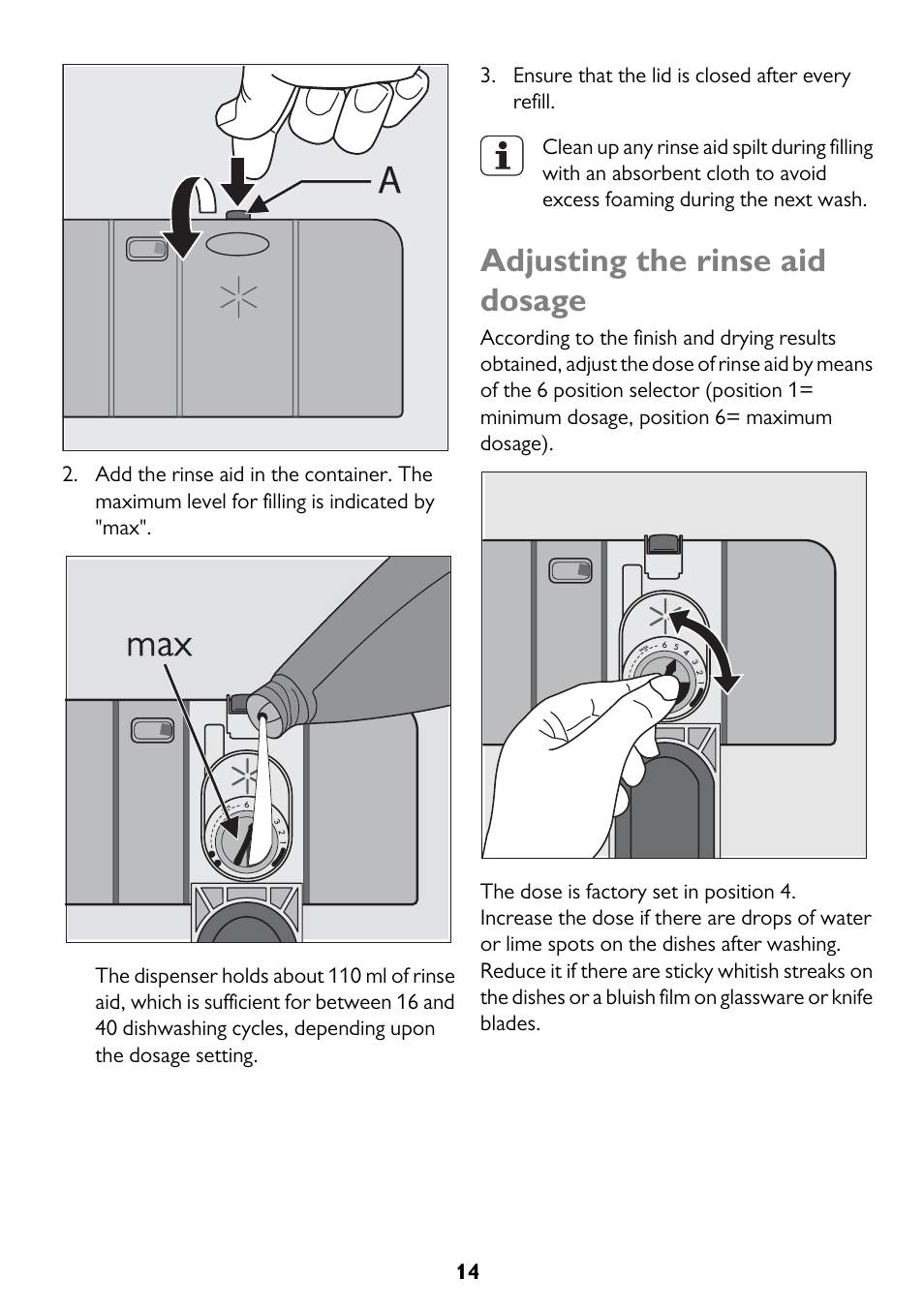 Adjusting the rinse aid dosage | John Lewis JLDWW 1205 User Manual | Page 14 / 36