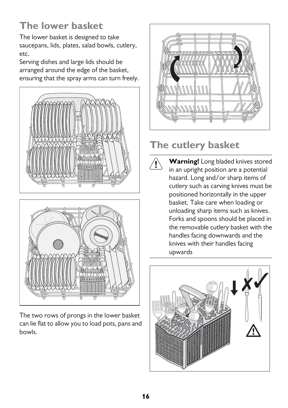 The lower basket, The cutlery basket | John Lewis JLDWW 1205 User Manual | Page 16 / 36