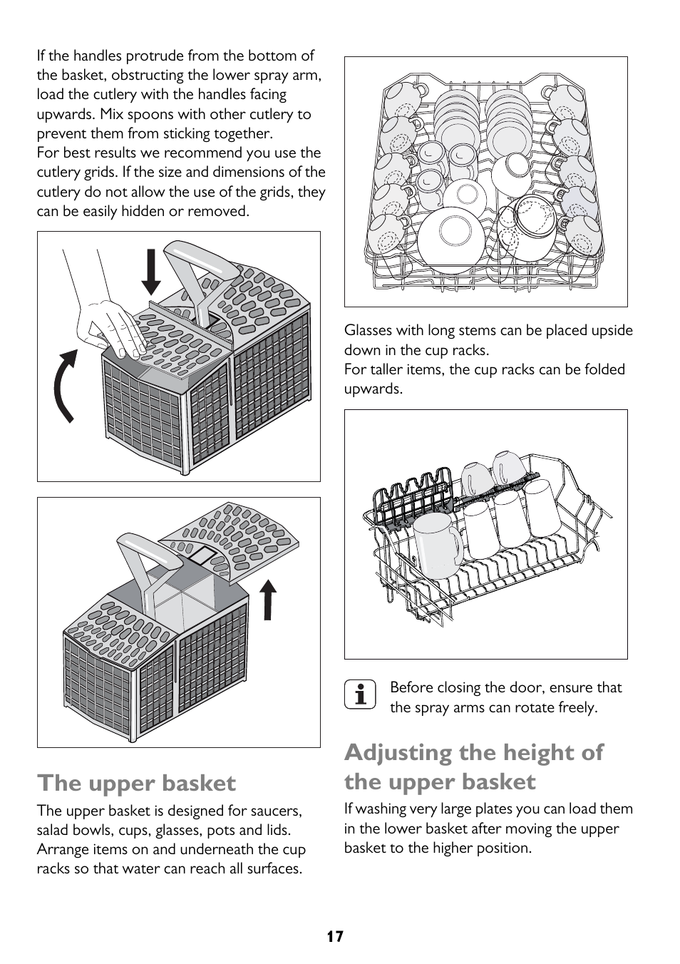The upper basket, Adjusting the height of the upper basket | John Lewis JLDWW 1205 User Manual | Page 17 / 36