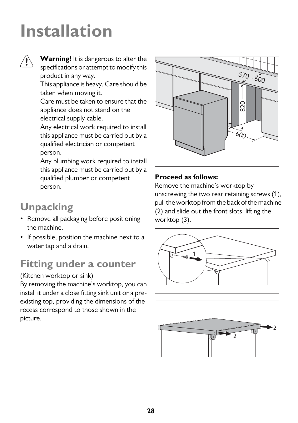Installation, Unpacking, Fitting under a counter | John Lewis JLDWW 1205 User Manual | Page 28 / 36