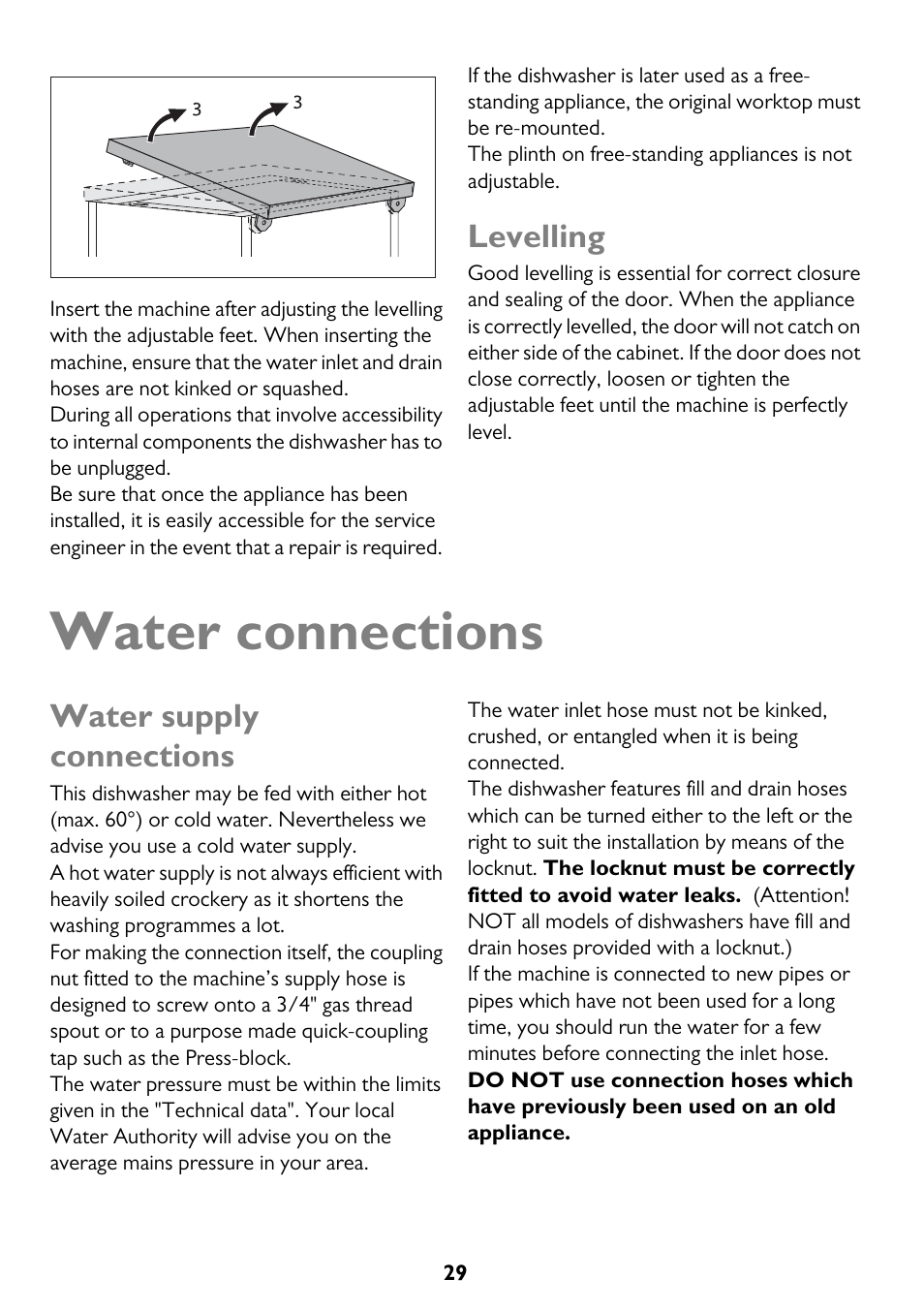Water connections, Levelling, Water supply connections | John Lewis JLDWW 1205 User Manual | Page 29 / 36