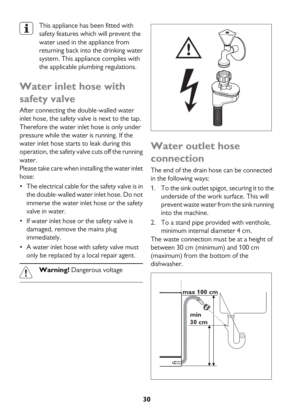 Water inlet hose with safety valve, Water outlet hose connection | John Lewis JLDWW 1205 User Manual | Page 30 / 36
