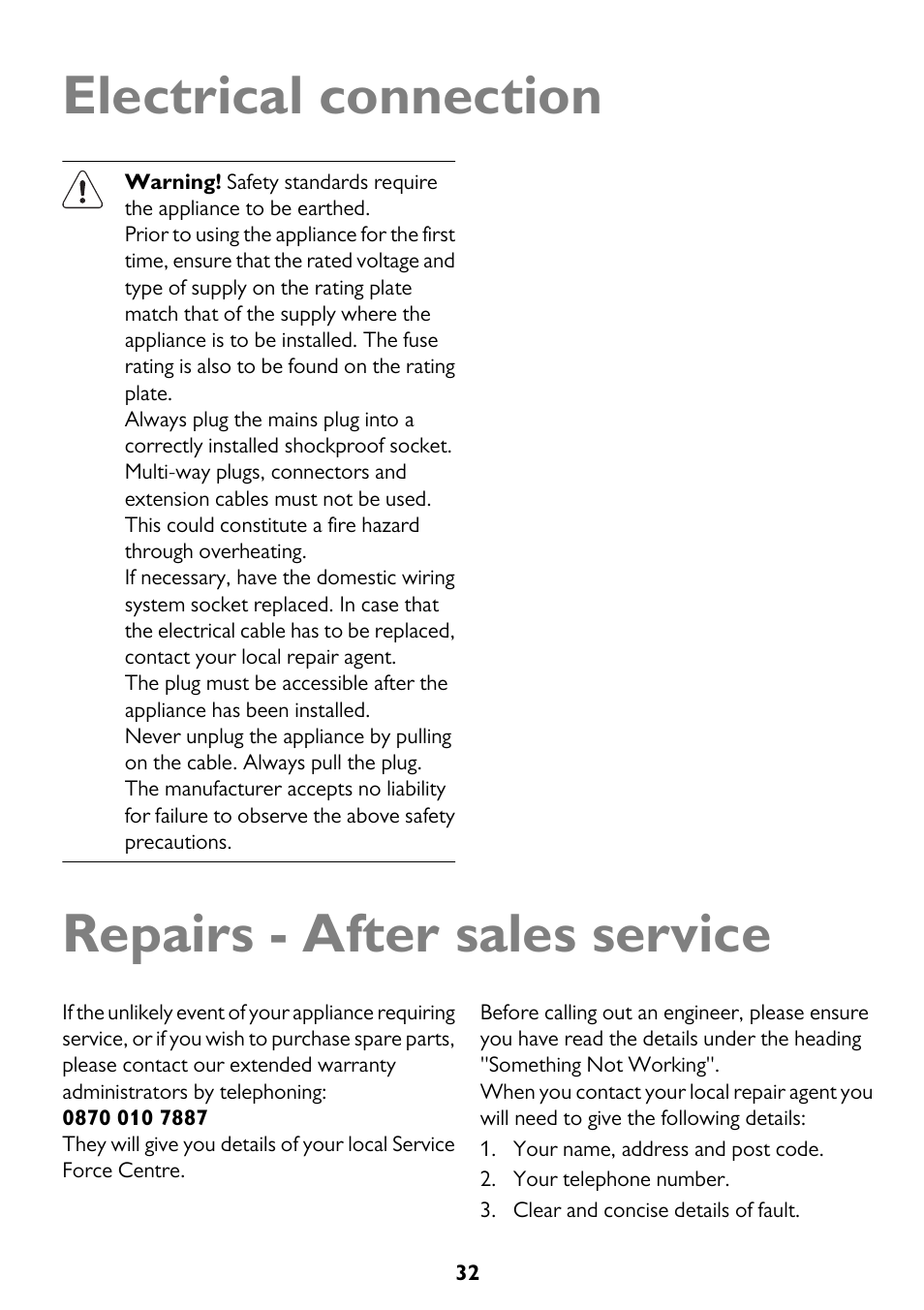 Electrical connection, Repairs - after sales service | John Lewis JLDWW 1205 User Manual | Page 32 / 36