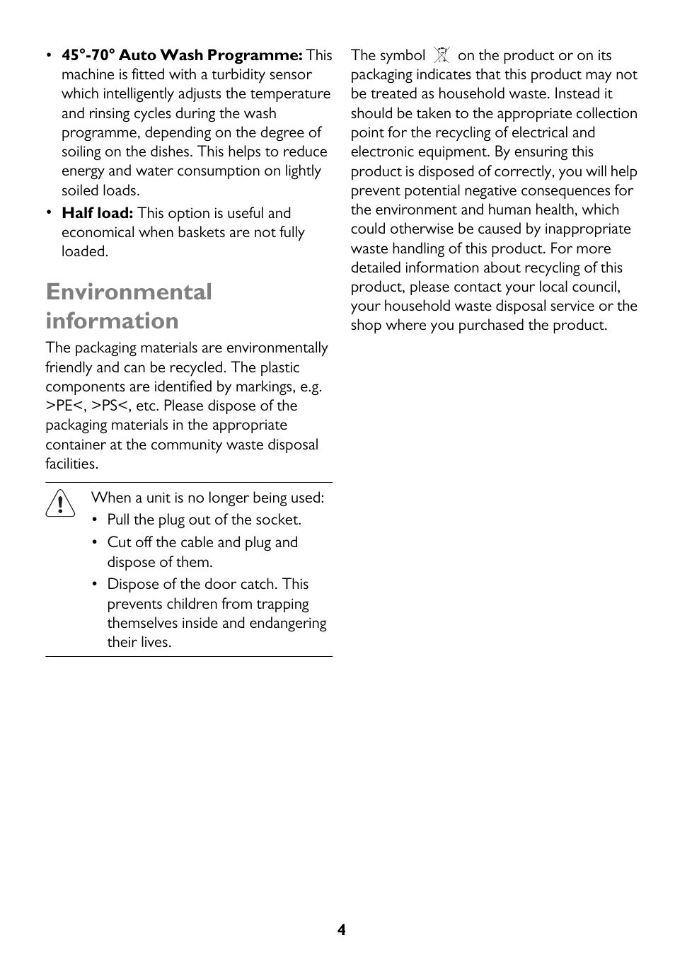 Environmental information | John Lewis JLDWW 1205 User Manual | Page 4 / 36