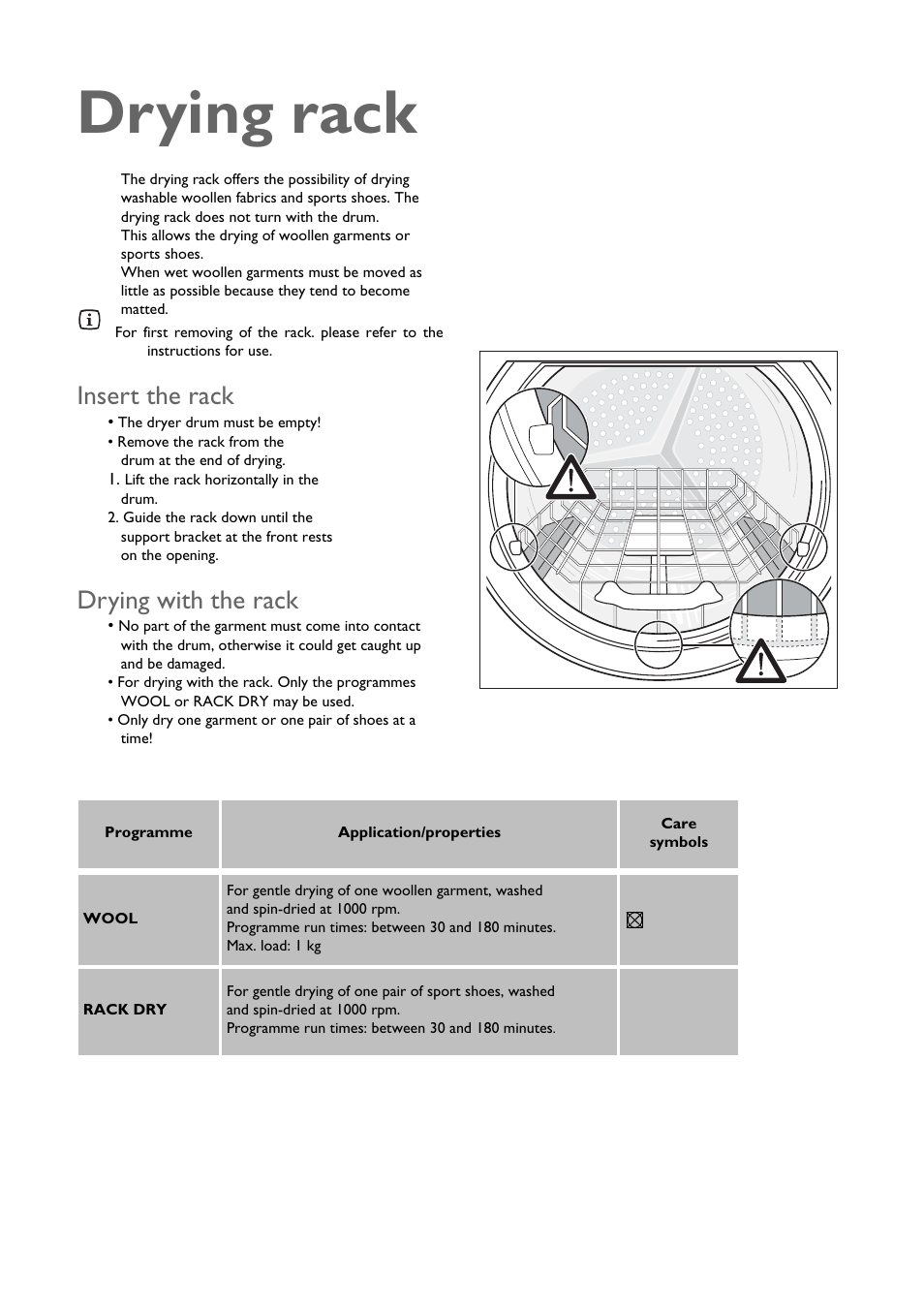 Drying rack, Insert the rack, Drying with the rack | John Lewis CONDENSER TUMBLE DRYER JLTDC 09 User Manual | Page 13 / 22
