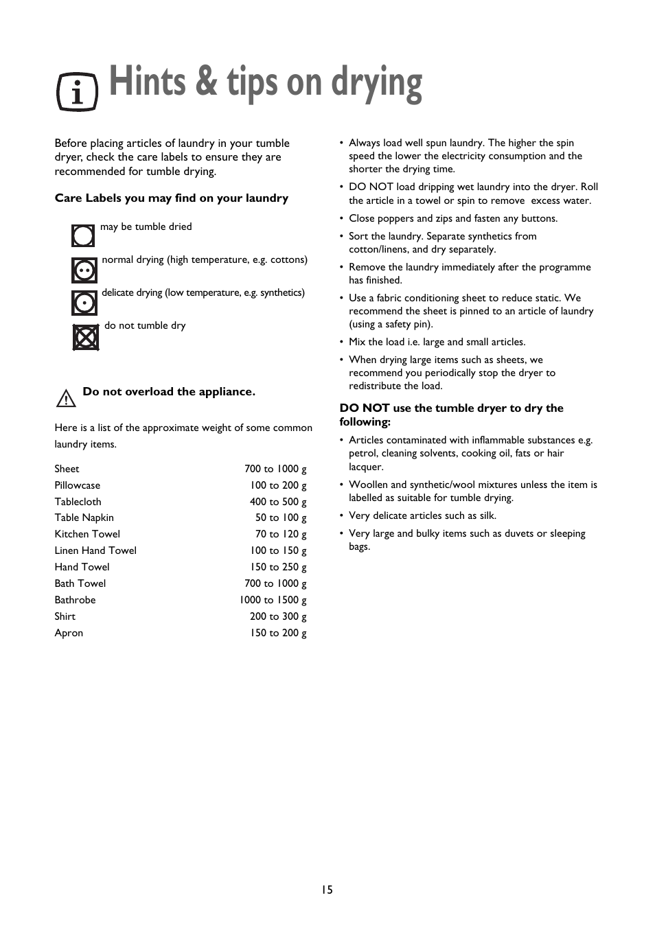 Hints & tips on drying | John Lewis CONDENSER TUMBLE DRYER JLTDC 09 User Manual | Page 15 / 22