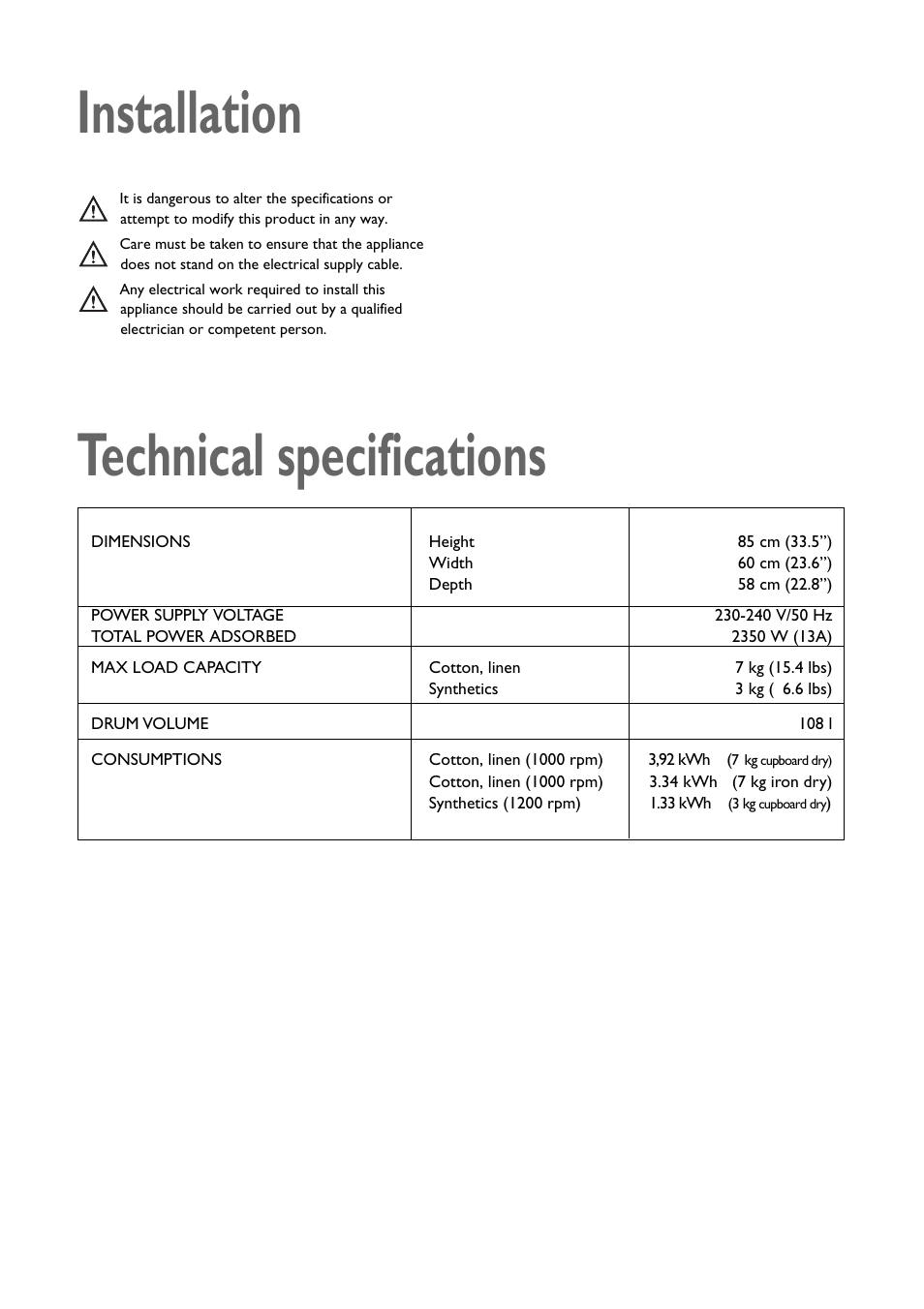 Technical specifications, Installation | John Lewis CONDENSER TUMBLE DRYER JLTDC 09 User Manual | Page 21 / 22