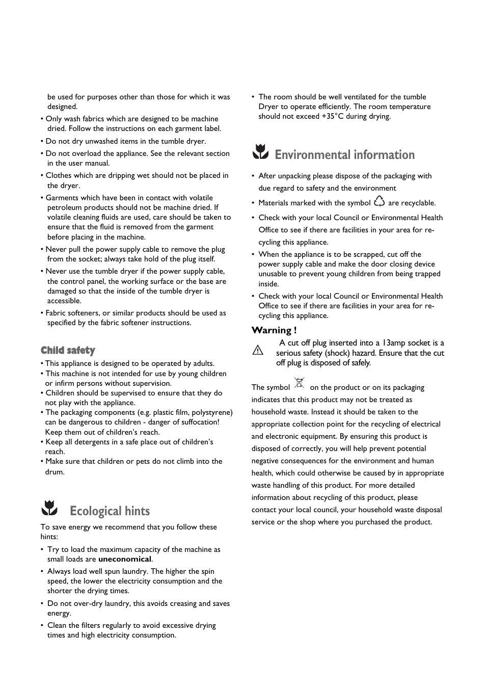 Ecological hints, Environmental information, Child safety | John Lewis CONDENSER TUMBLE DRYER JLTDC 09 User Manual | Page 3 / 22