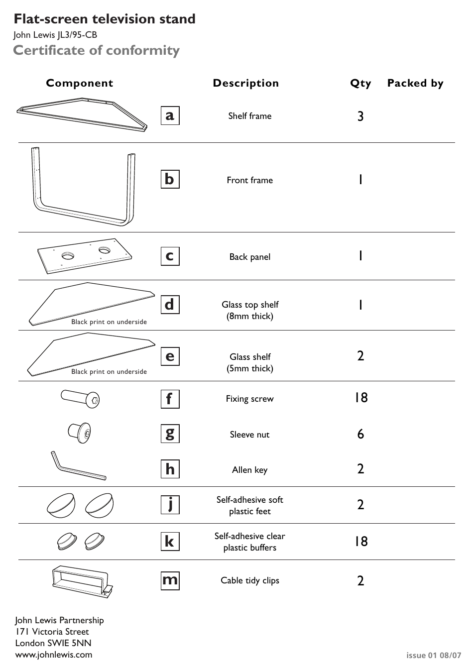 Flat-screen television stand, Certificate of conformity | John Lewis JL3/95-CB User Manual | Page 4 / 4