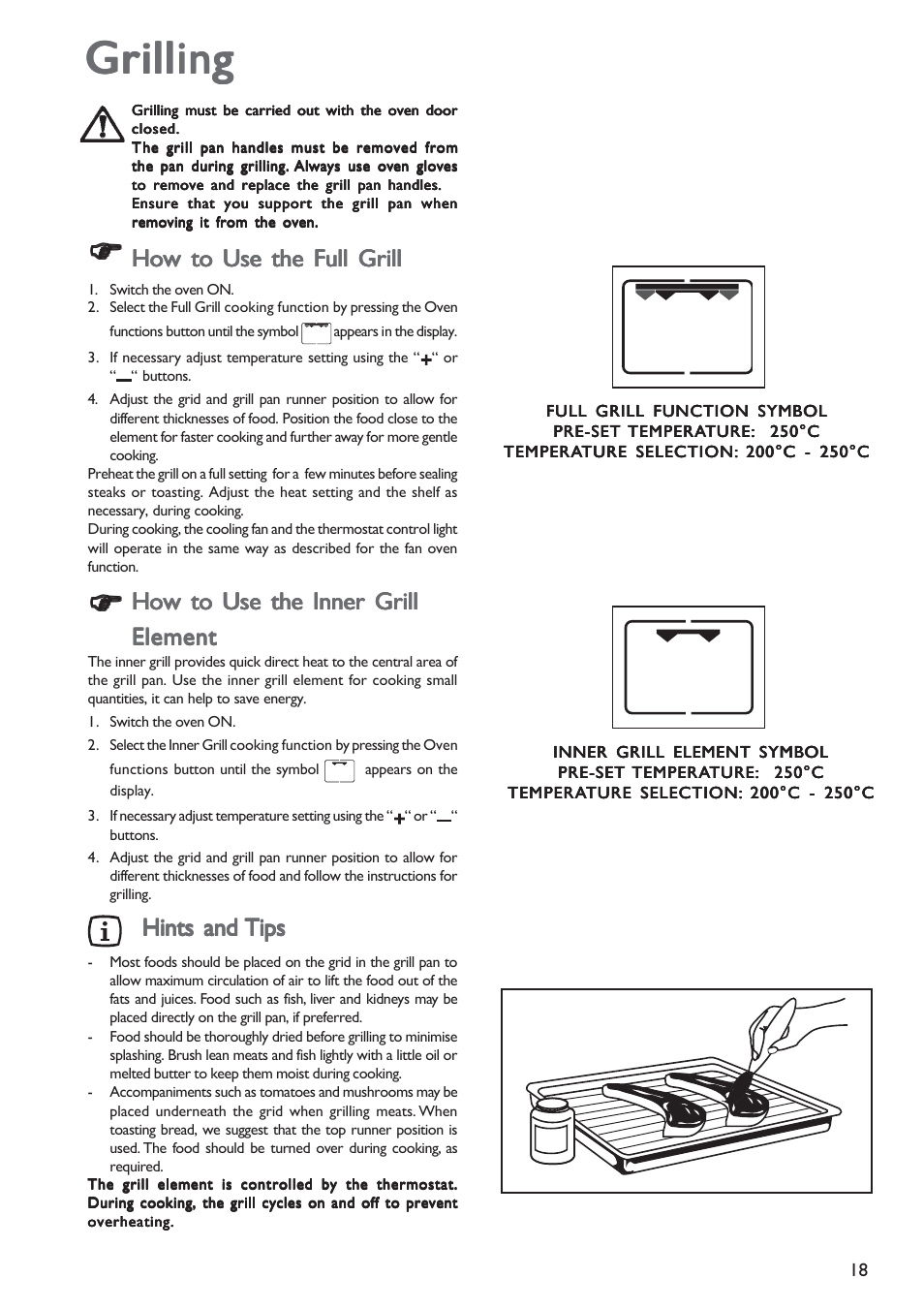 Grilling, How to use the full grill, How to use the inner grill | John Lewis JLBIOS603 User Manual | Page 18 / 28