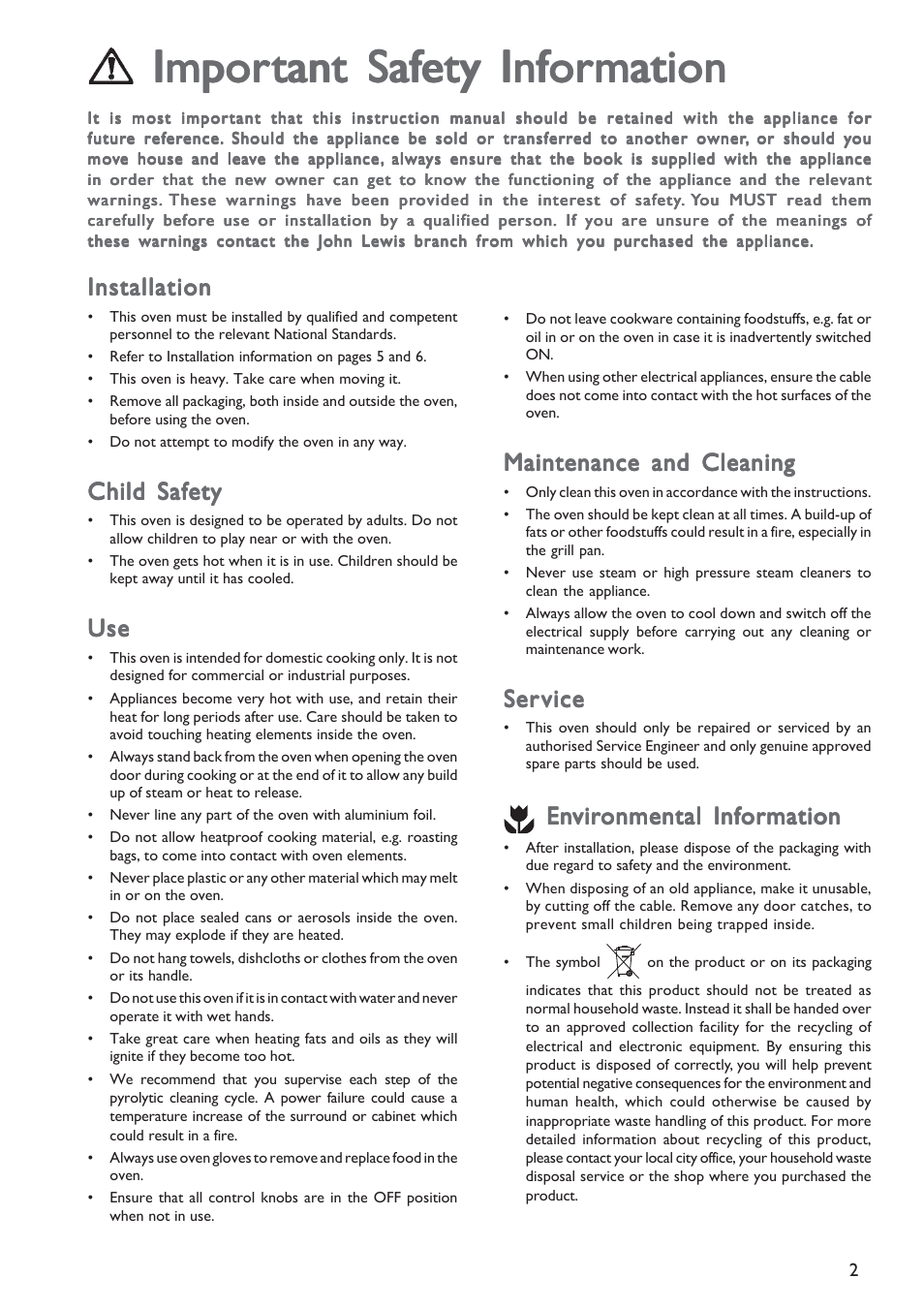 Impor, Installation, Child safety | Maintenance and cleaning, Ser ser vice vice vice vice vice | John Lewis JLBIOS603 User Manual | Page 2 / 28