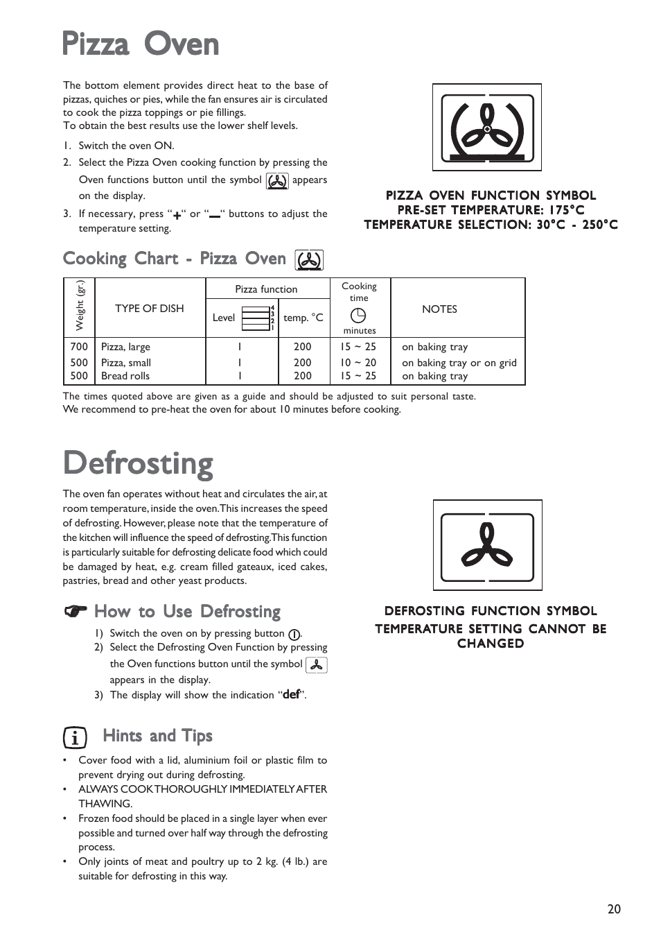 Pizza ov, Pizza ov pizza oven en en en en, Defr | Defr defrosting osting osting osting osting, Cooking chart - pizza oven | John Lewis JLBIOS603 User Manual | Page 20 / 28