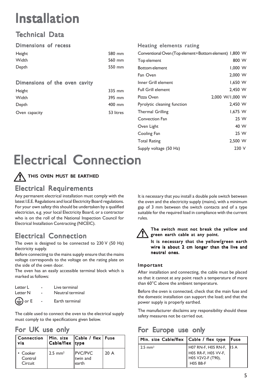 Installation, Electrical requirements, Electrical connection | For uk use only | John Lewis JLBIOS603 User Manual | Page 5 / 28