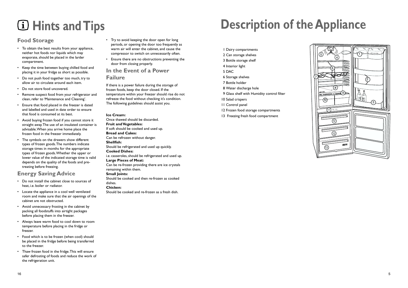 Description of the appliance, Hints and tips, Food storage | Energy saving advice | John Lewis JLBIFF 1802 User Manual | Page 16 / 20