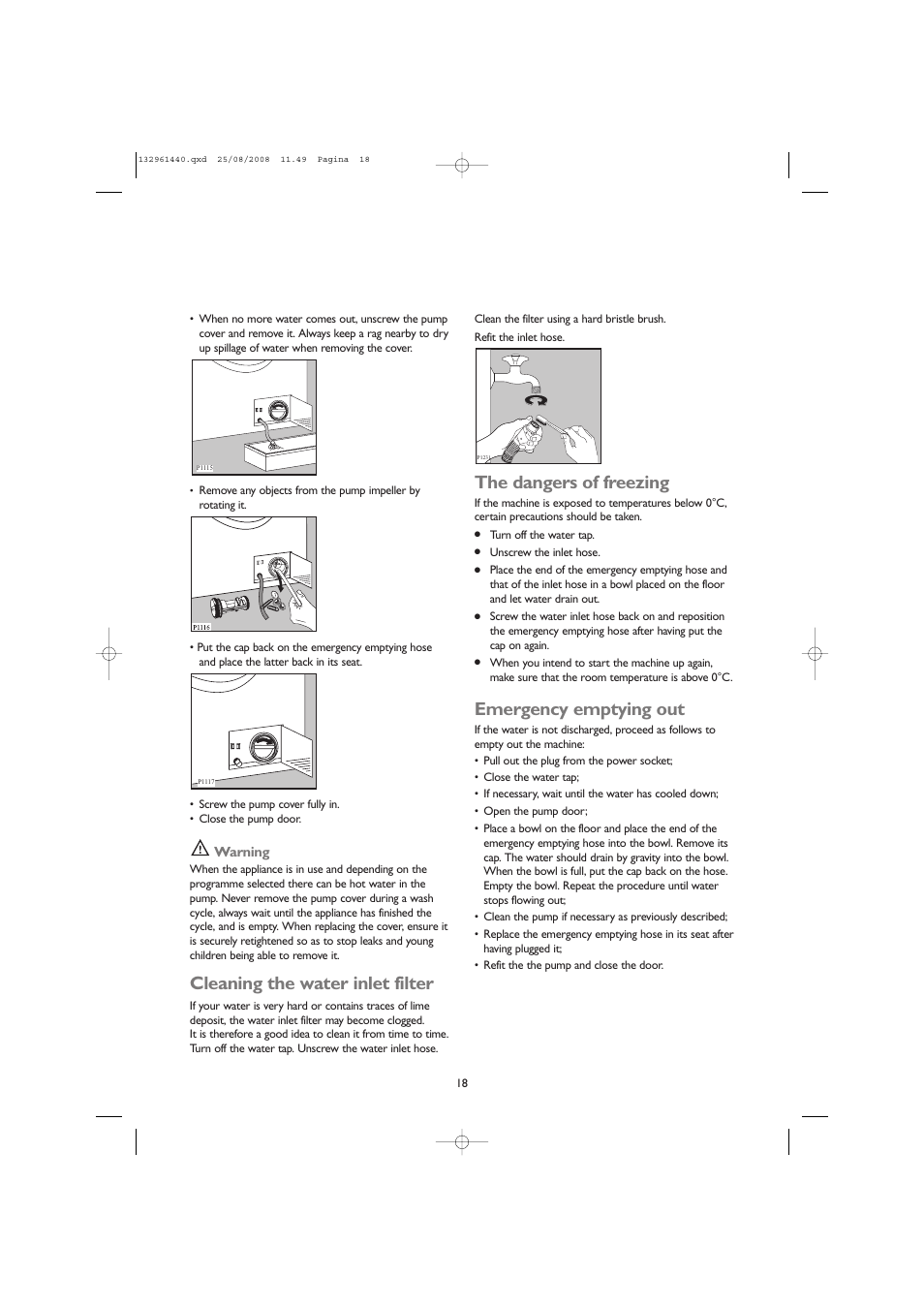 Cleaning the water inlet filter, The dangers of freezing, Emergency emptying out | John Lewis JLWM 1406 User Manual | Page 18 / 28