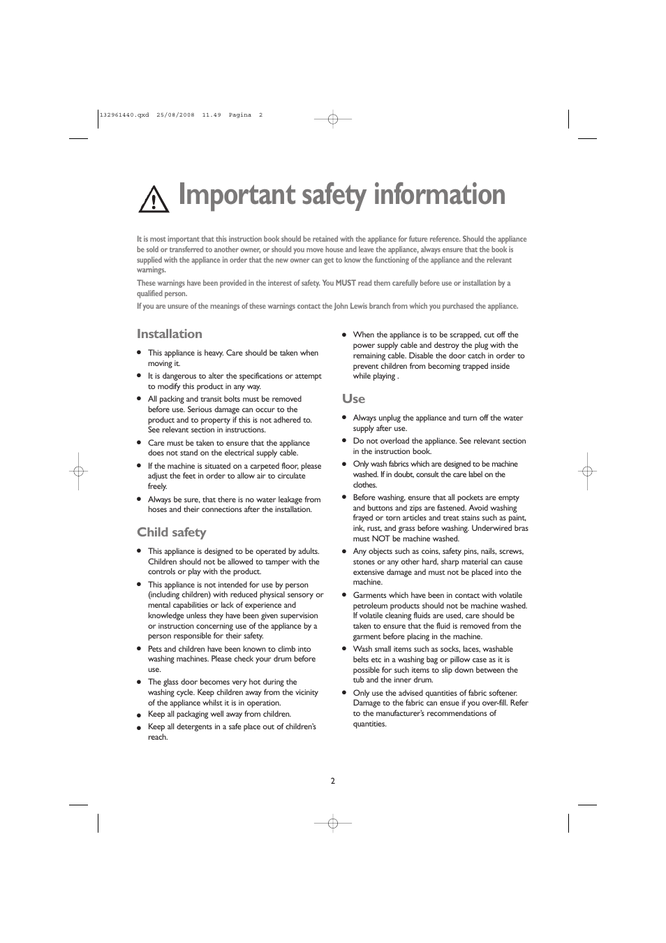 Important safety information, Installation, Child safety | John Lewis JLWM 1406 User Manual | Page 2 / 28