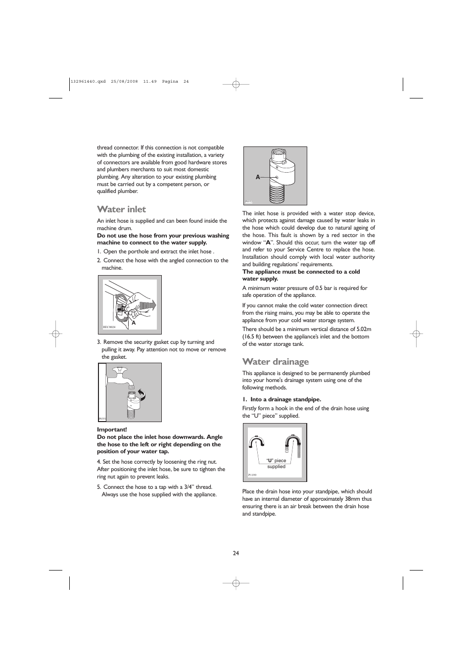 Water inlet, Water drainage | John Lewis JLWM 1406 User Manual | Page 24 / 28