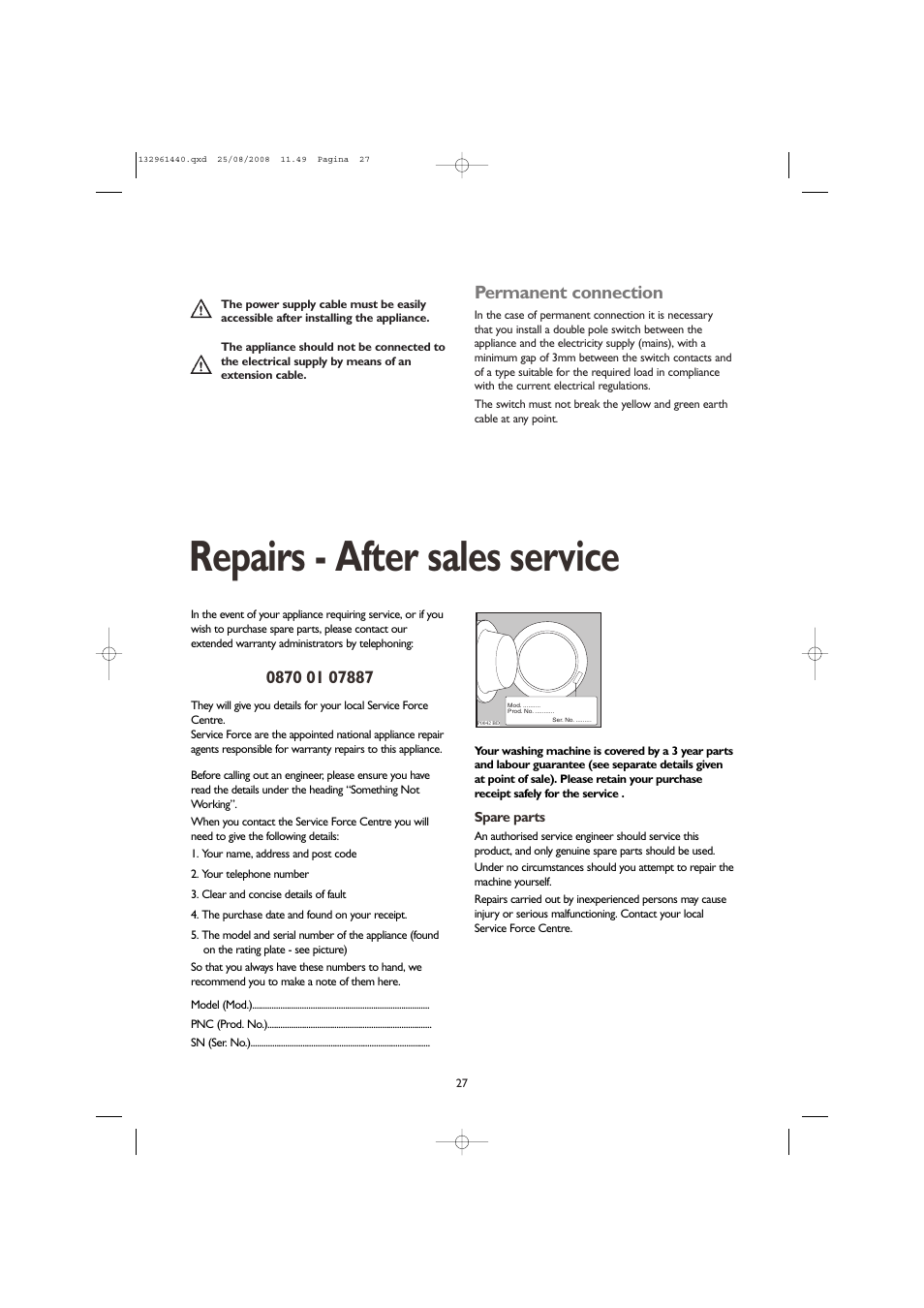 Repairs - after sales service, Permanent connection | John Lewis JLWM 1406 User Manual | Page 27 / 28