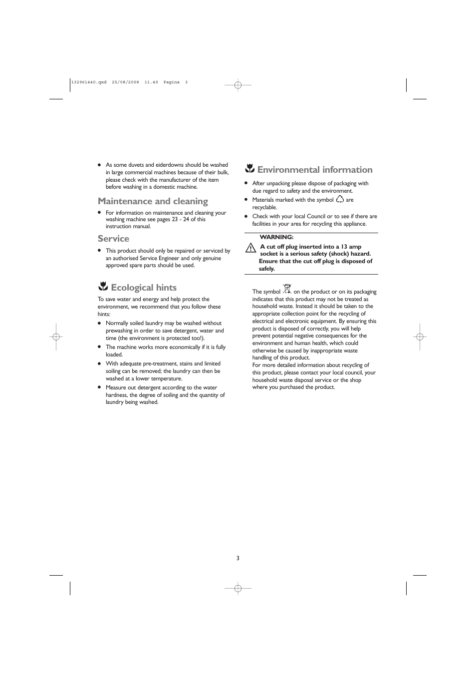 Environmental information, Maintenance and cleaning, Service | Ecological hints | John Lewis JLWM 1406 User Manual | Page 3 / 28