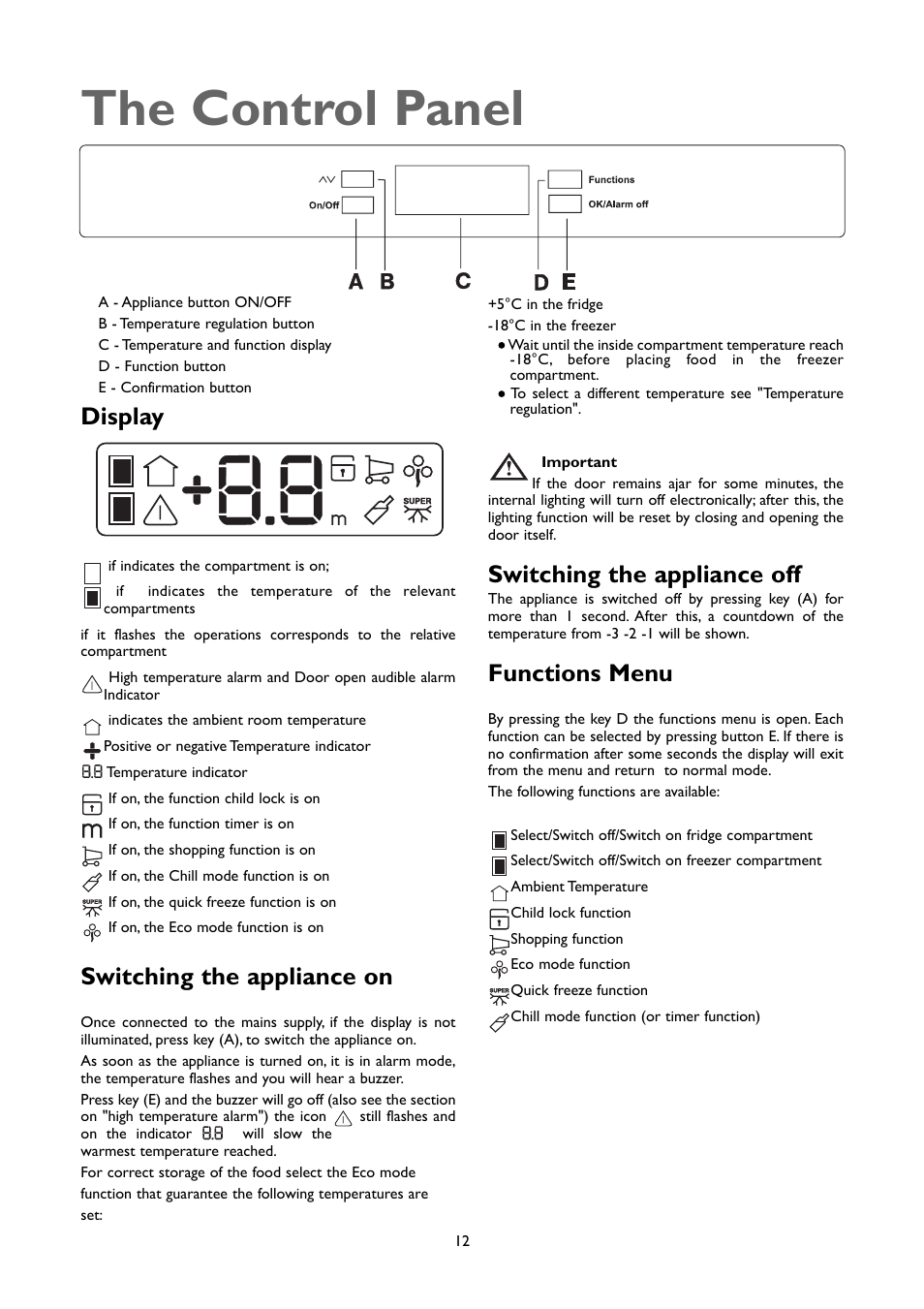 The control panel, Display, Switching the appliance on | Switching the appliance off, Functions menu | John Lewis JLSS2009 User Manual | Page 12 / 24