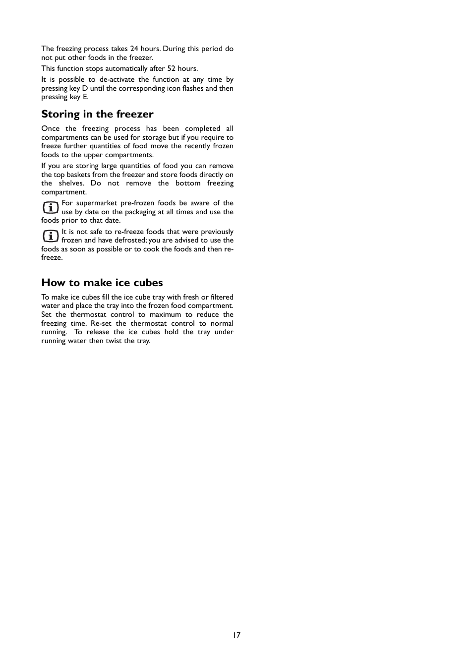 Storing in the freezer, How to make ice cubes | John Lewis JLSS2009 User Manual | Page 17 / 24