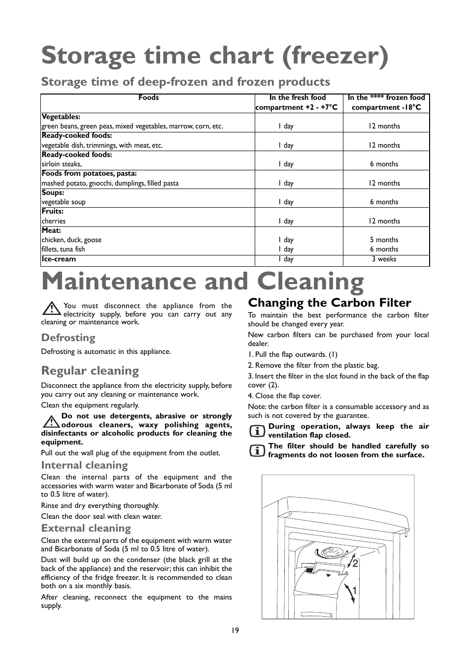 Storage time chart (freezer), Maintenance and cleaning, Storage time of deep-frozen and frozen products | Regular cleaning, Changing the carbon filter, Defrosting, Internal cleaning, External cleaning | John Lewis JLSS2009 User Manual | Page 19 / 24