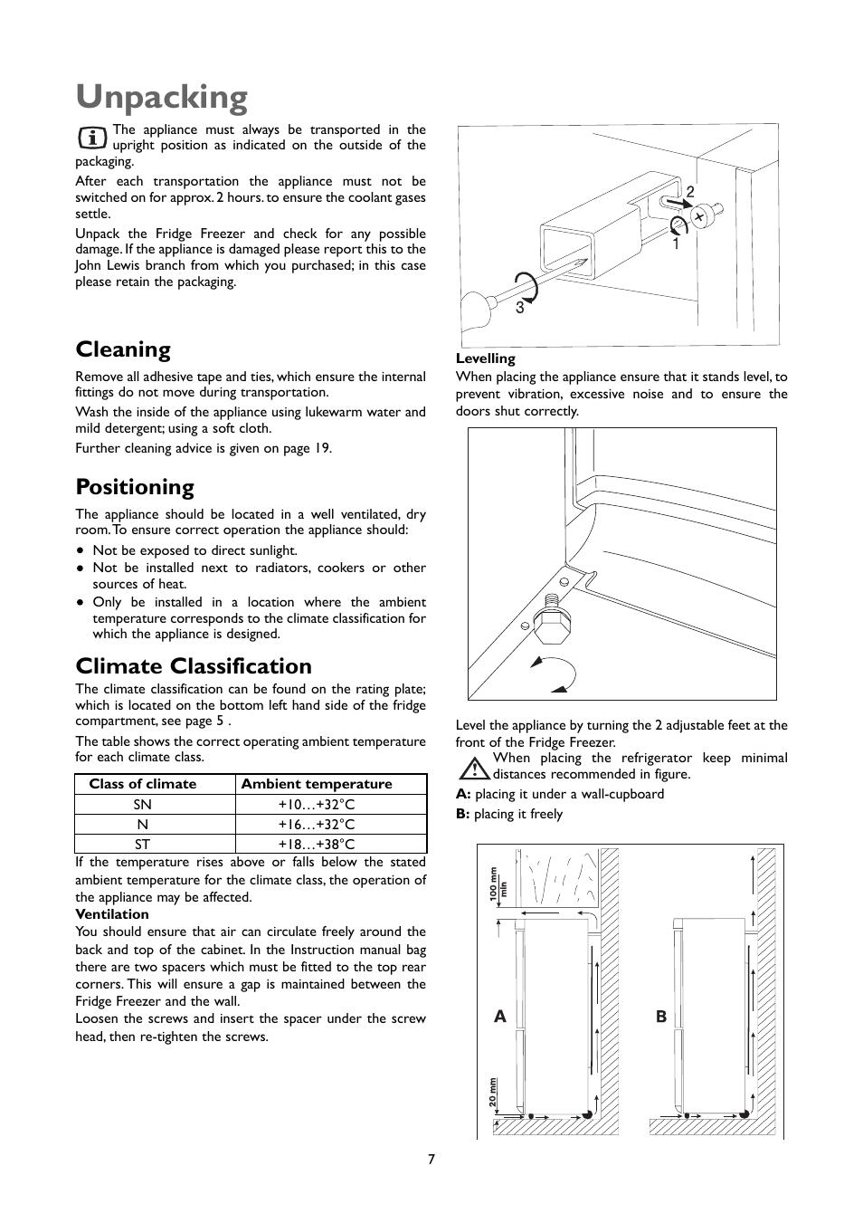 Unpacking, Cleaning, Positioning | Climate classification | John Lewis JLSS2009 User Manual | Page 7 / 24
