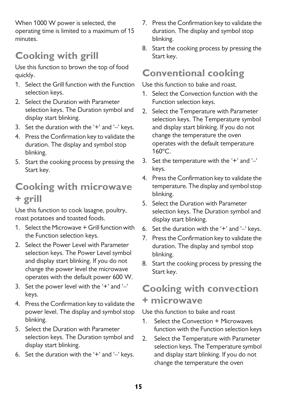 Cooking with grill, Cooking with microwave + grill, Conventional cooking | Cooking with convection + microwave | John Lewis JLBICO2 User Manual | Page 15 / 32