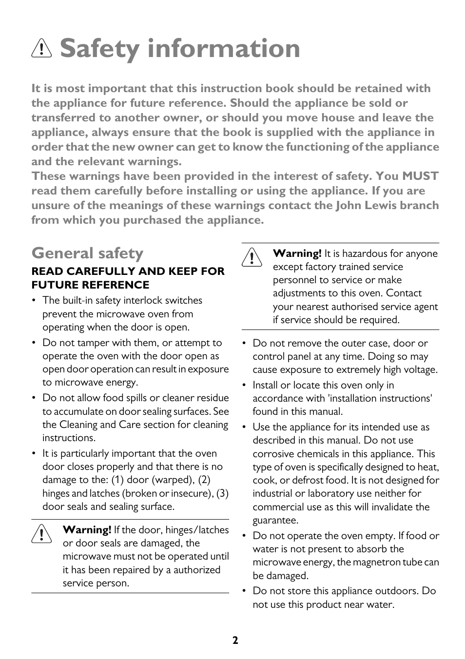 Safety information, General safety | John Lewis JLBICO2 User Manual | Page 2 / 32