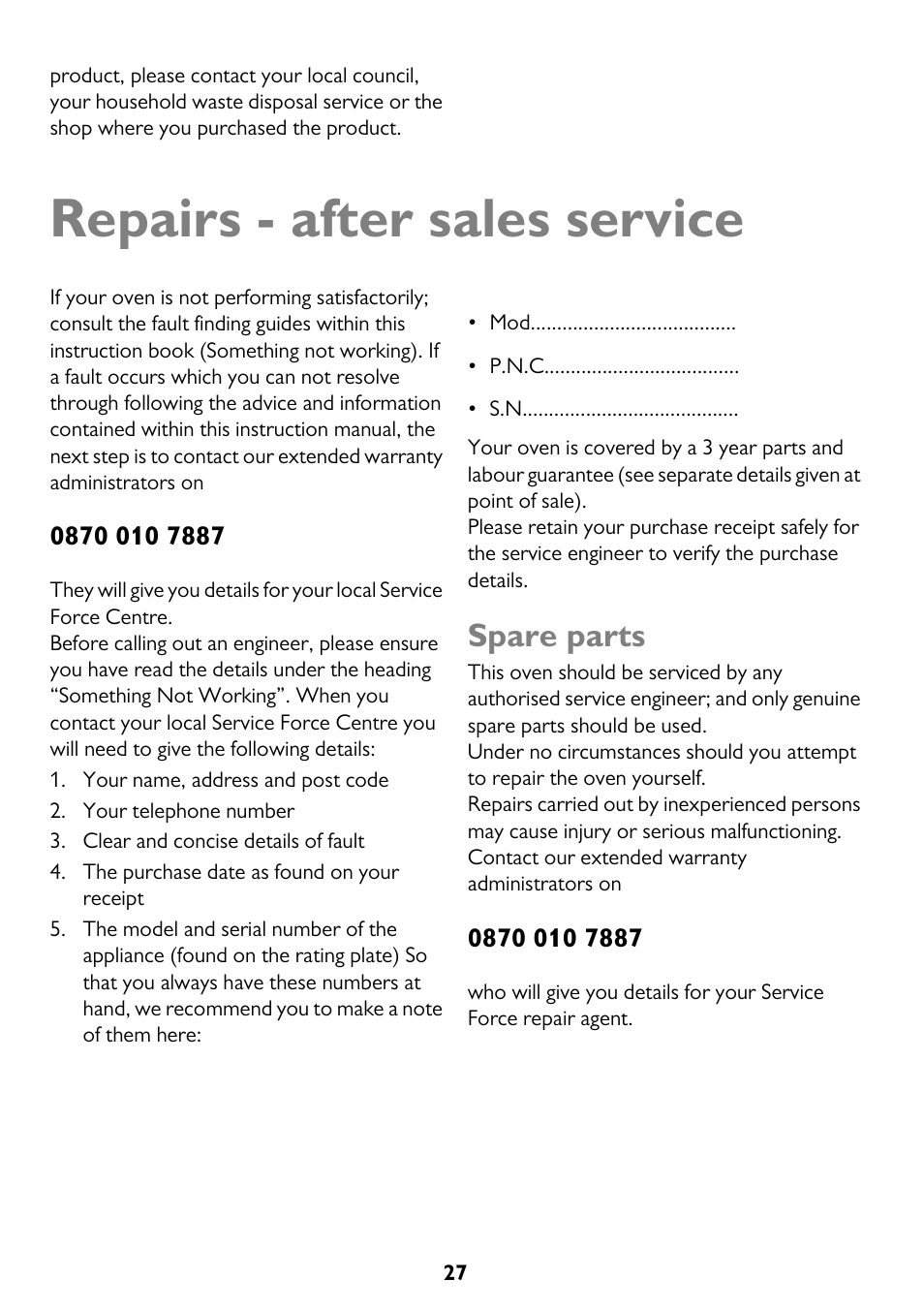 Repairs - after sales service, Spare parts | John Lewis JLBICO2 User Manual | Page 27 / 32
