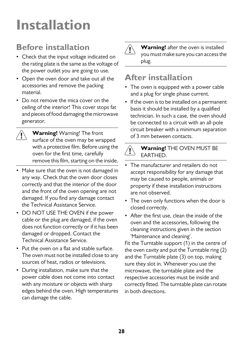 Installation, Before installation, After installation | John Lewis JLBICO2 User Manual | Page 28 / 32