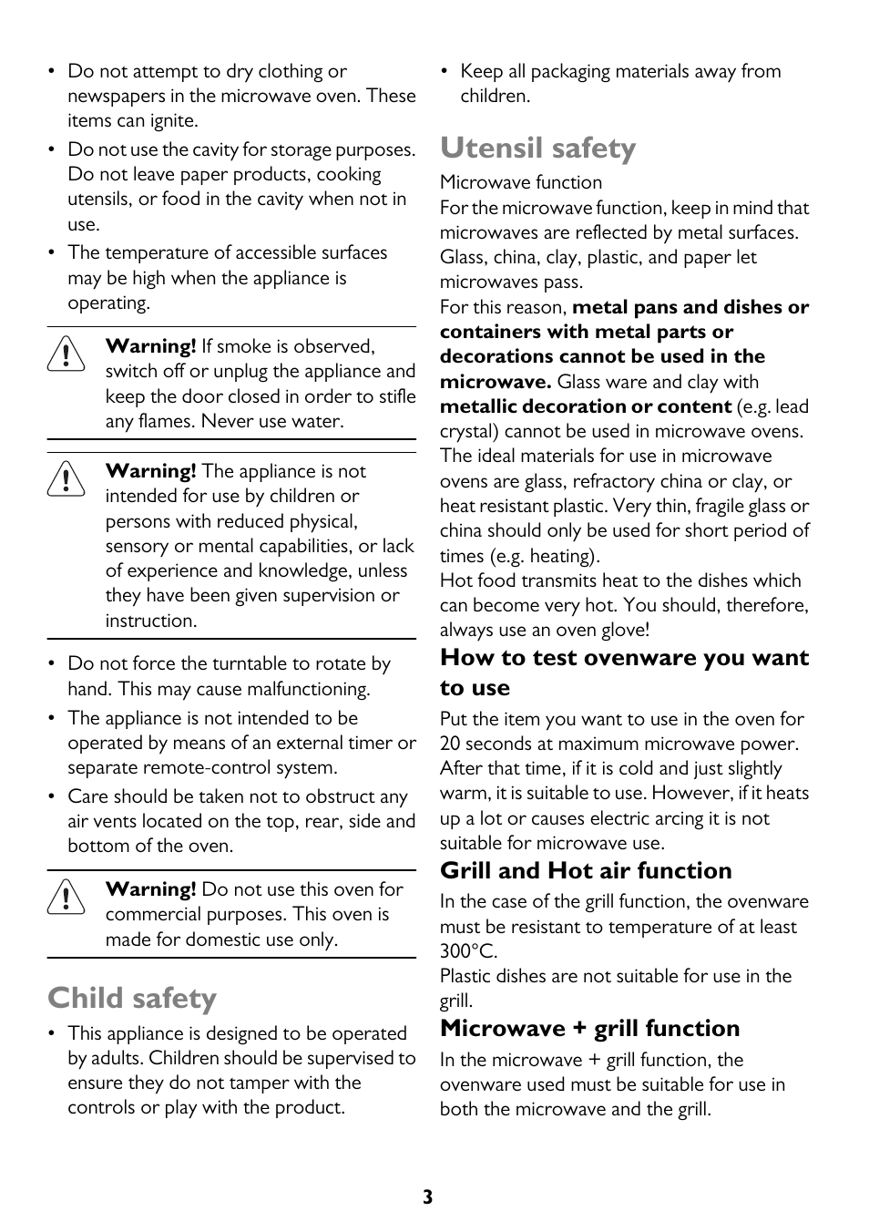 Child safety, Utensil safety, How to test ovenware you want to use | Grill and hot air function, Microwave + grill function | John Lewis JLBICO2 User Manual | Page 3 / 32