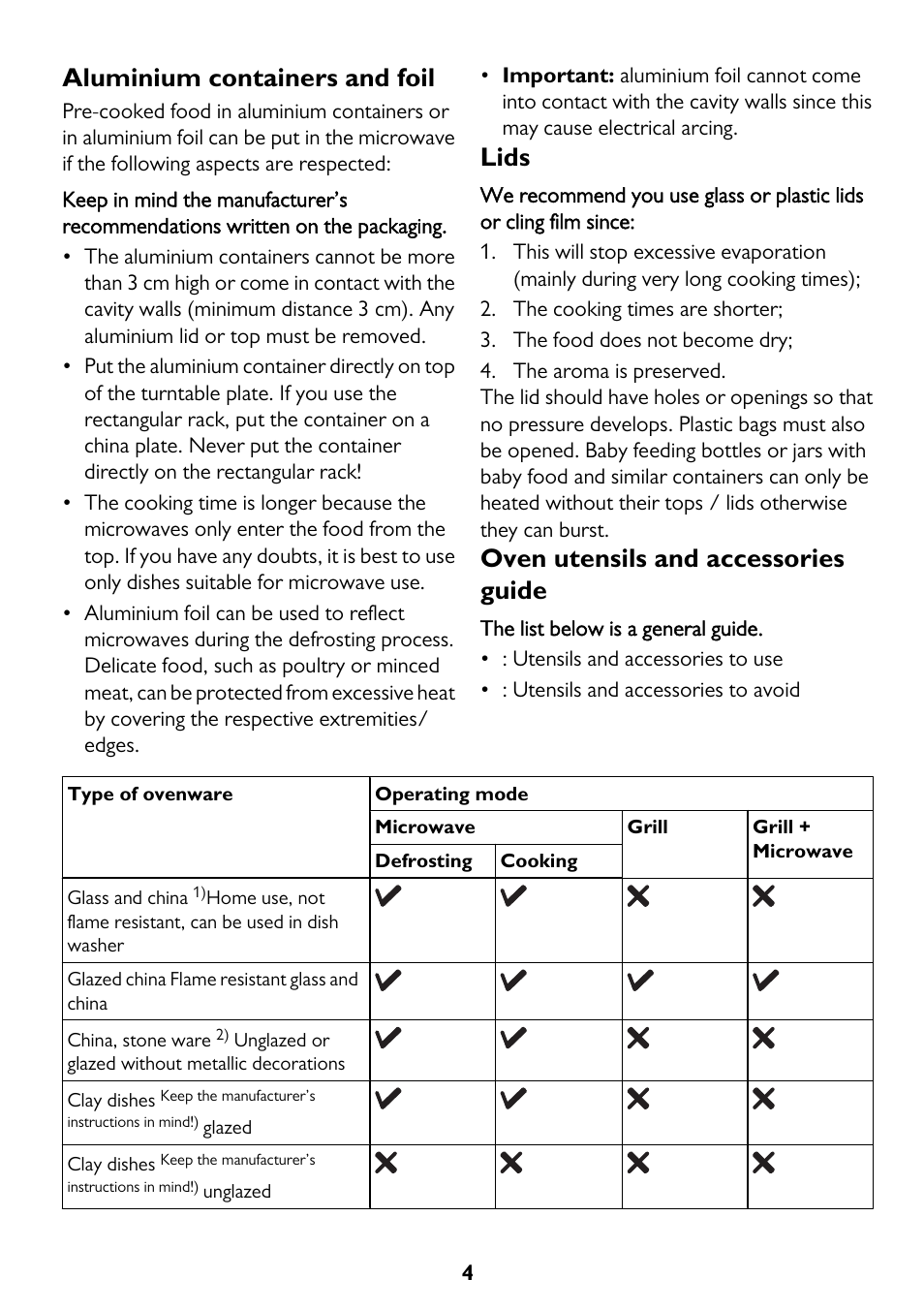Aluminium containers and foil, Lids, Oven utensils and accessories guide | John Lewis JLBICO2 User Manual | Page 4 / 32