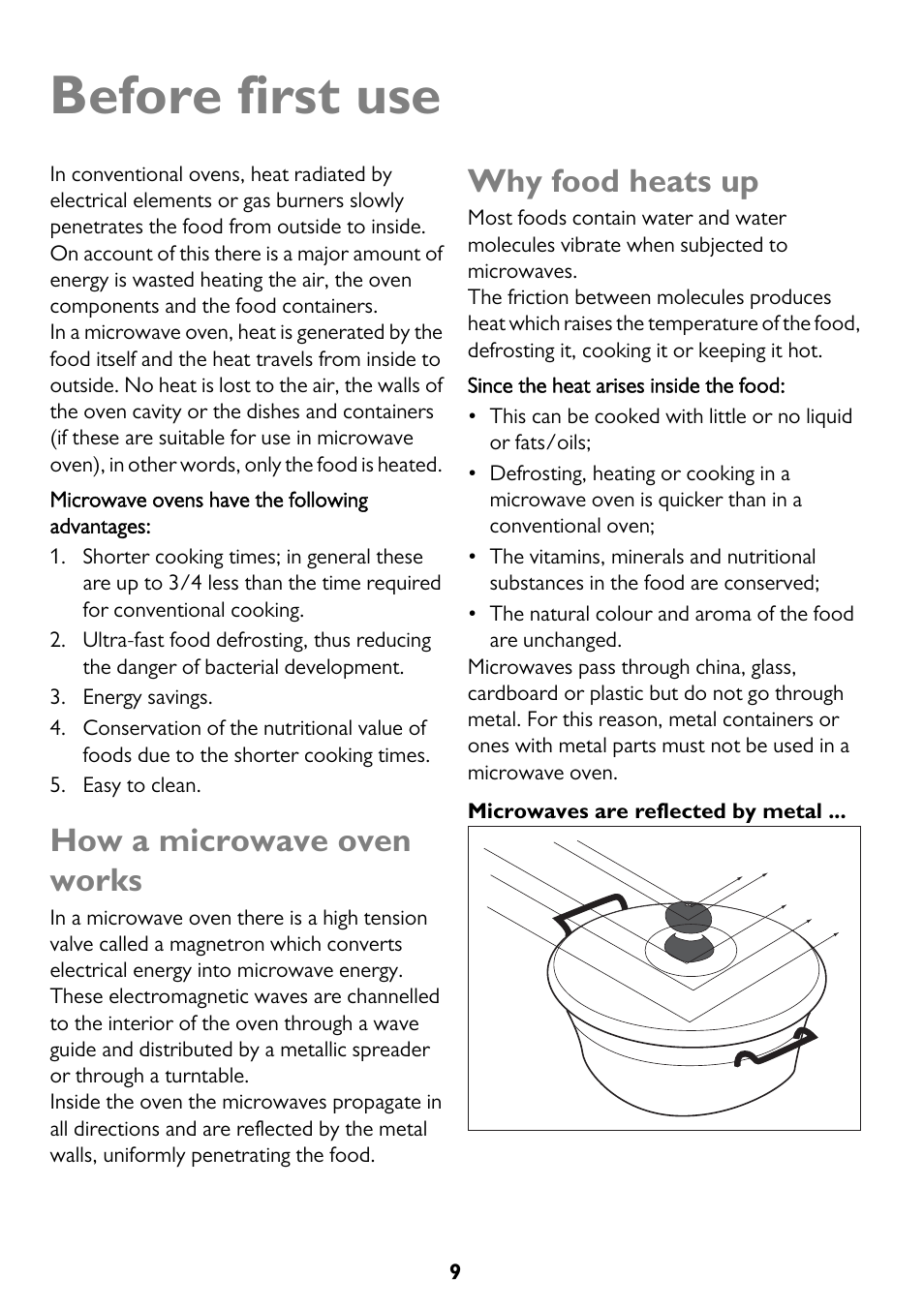 Before first use, How a microwave oven works, Why food heats up | John Lewis JLBICO2 User Manual | Page 9 / 32