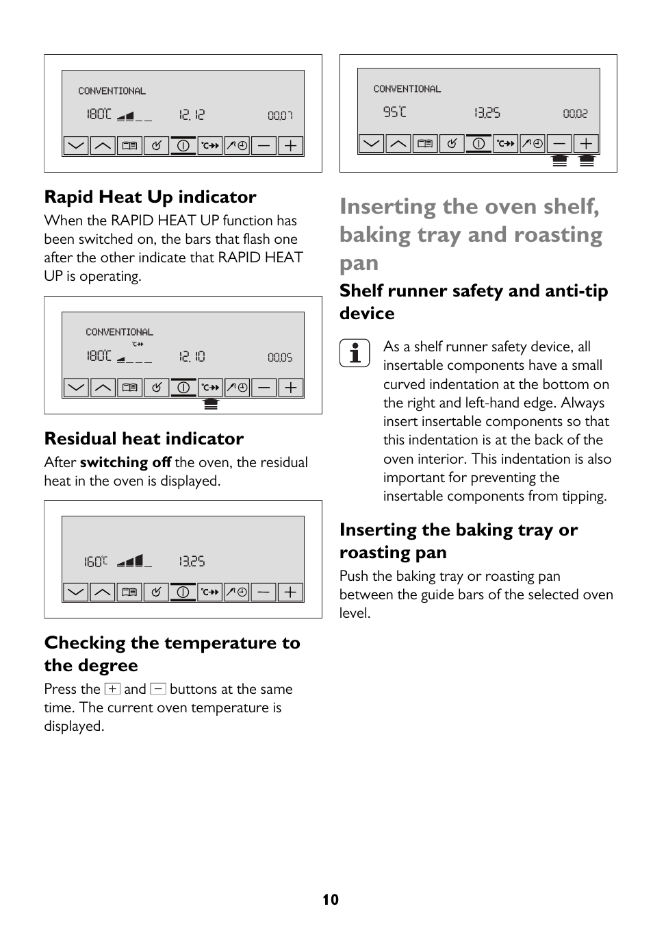 Rapid heat up indicator, Residual heat indicator, Checking the temperature to the degree | Shelf runner safety and anti-tip device, Inserting the baking tray or roasting pan | John Lewis JLBIOS610 User Manual | Page 10 / 40