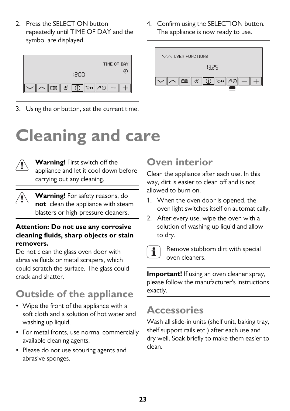 Cleaning and care, Outside of the appliance, Oven interior | Accessories | John Lewis JLBIOS610 User Manual | Page 23 / 40