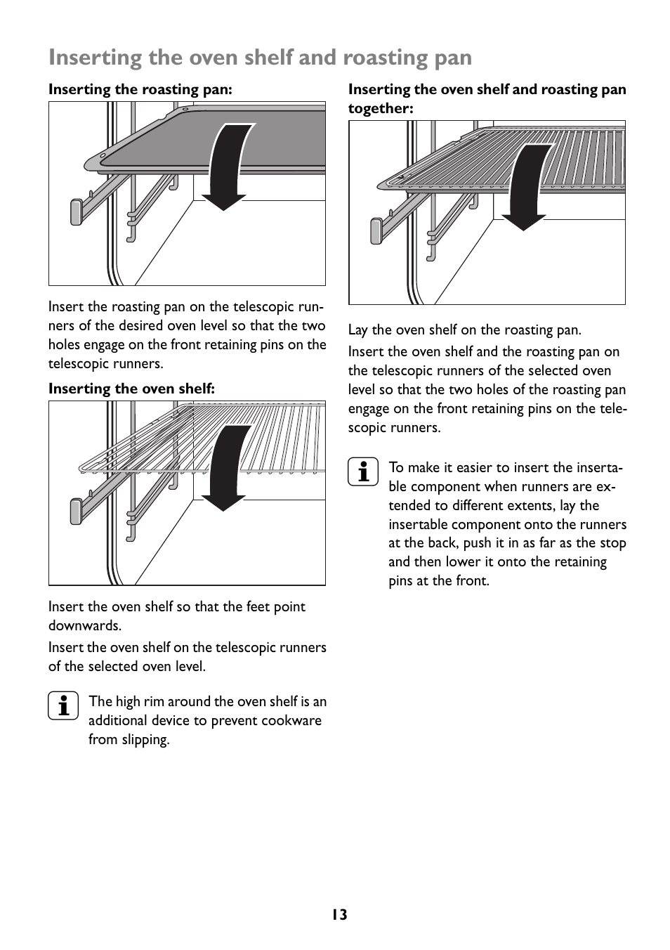 Inserting the oven shelf and roasting pan | John Lewis JLBIOS609 User Manual | Page 13 / 60