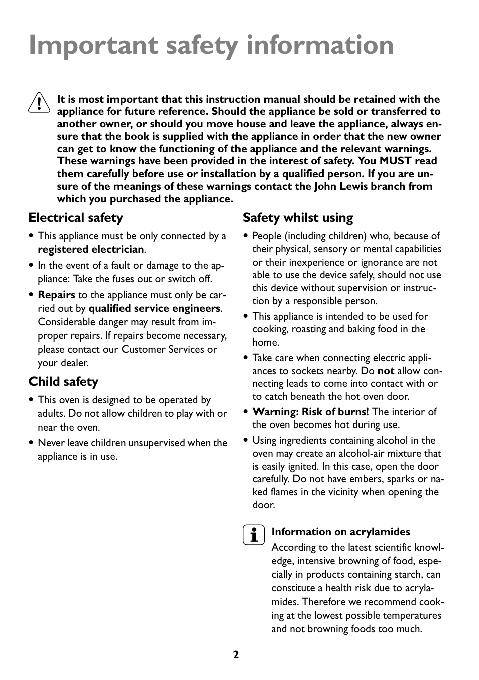 Important safety information | John Lewis JLBIOS609 User Manual | Page 2 / 60