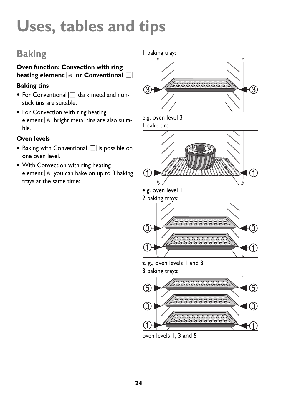 Uses, tables and tips, Baking | John Lewis JLBIOS609 User Manual | Page 24 / 60